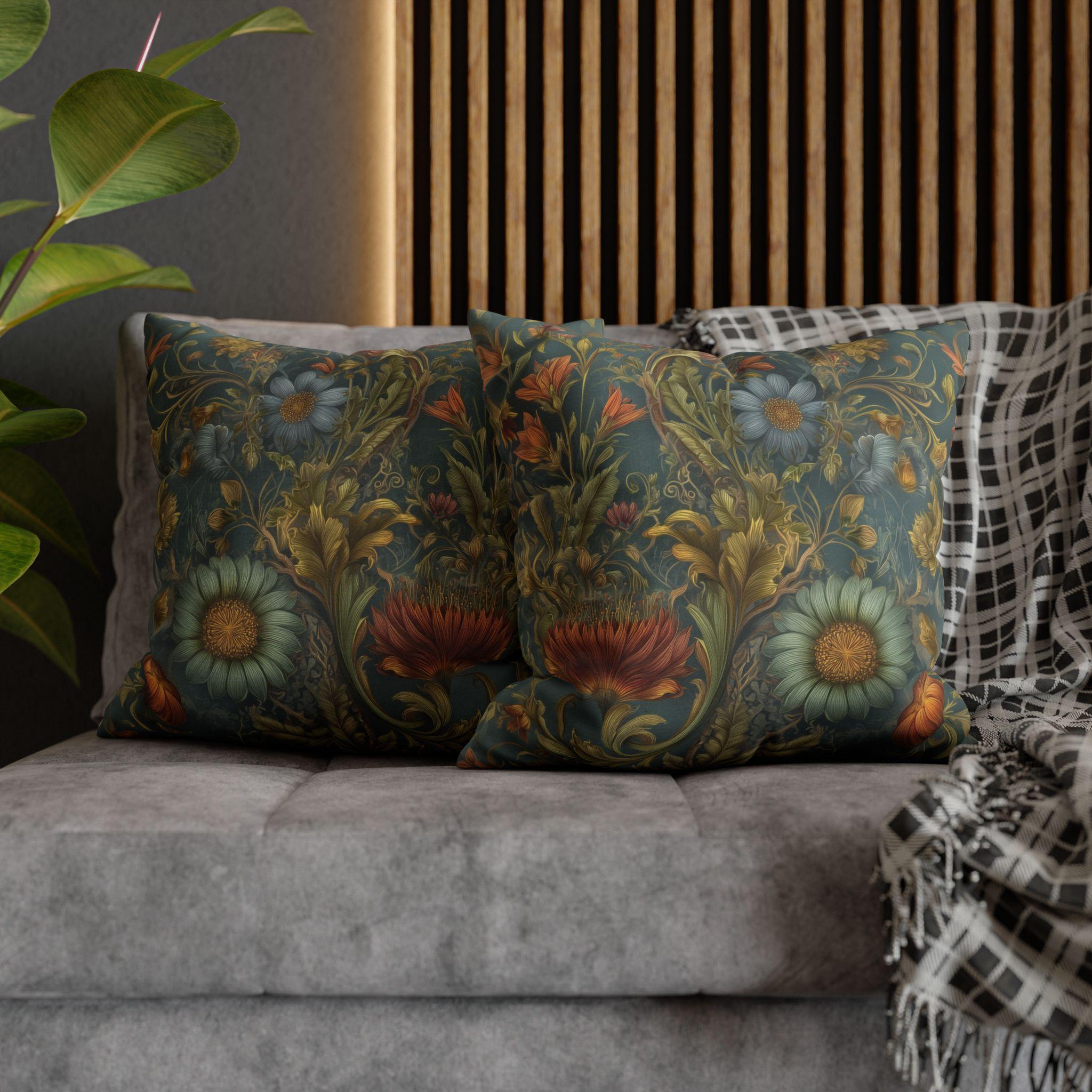 William Morris Inspired Throw Pillow Cover: Moody Teal Botanical Floral