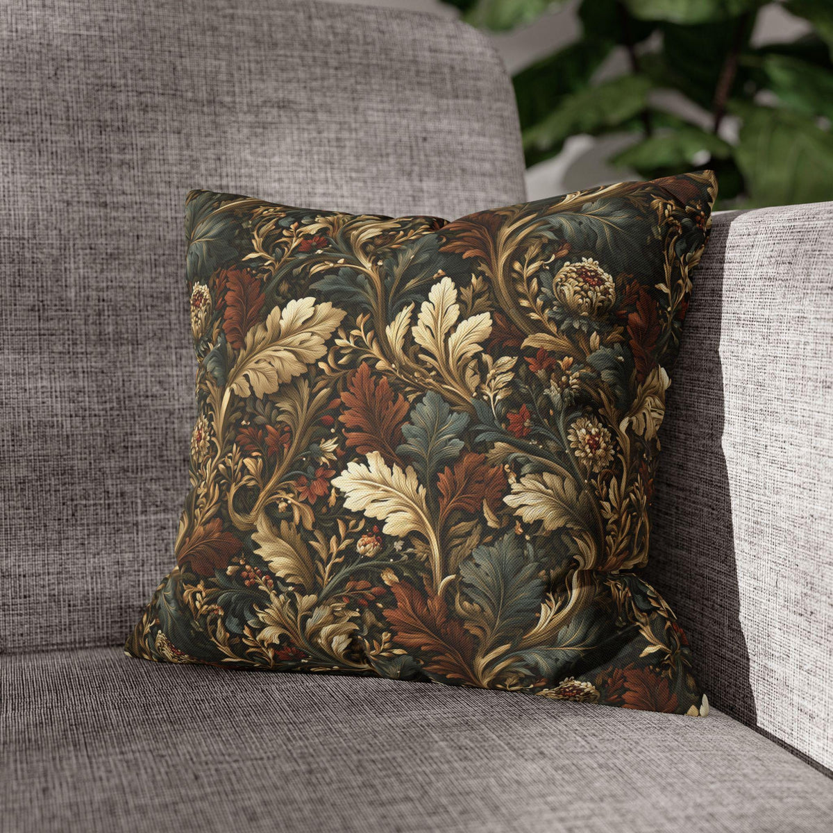 Fall Leaves Pattern Pillow Cover: Vintage Botanical Accent Cushion in Rust, Blue, and Cream