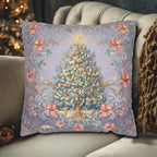 William Morris Christmas Pillow Cover: Frosted Pastel Tree, Lilac and Pink Botanical Holiday