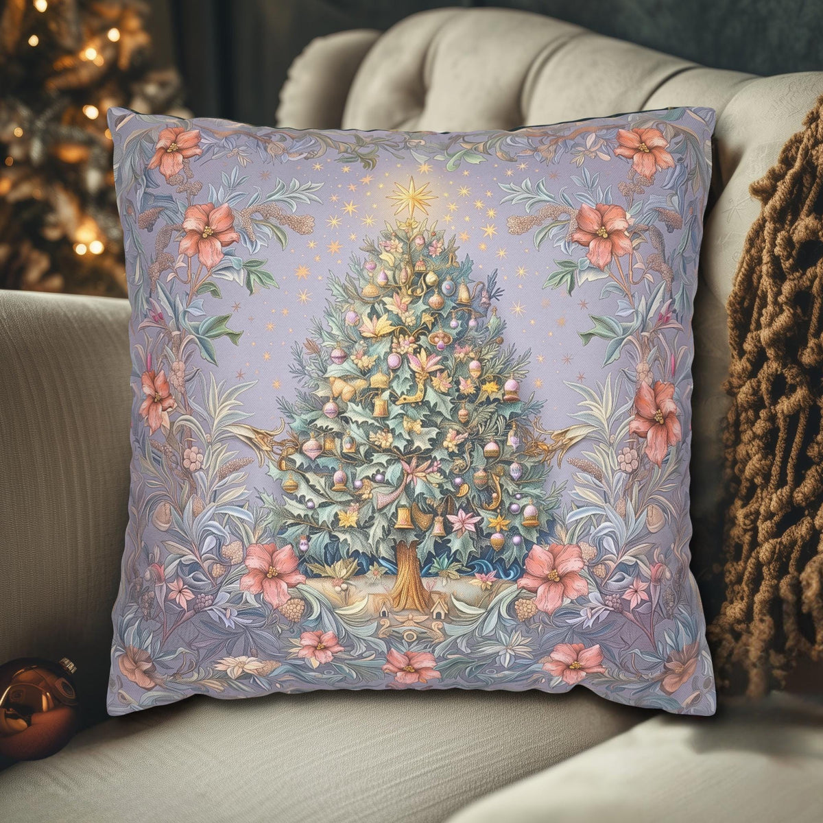 William Morris Christmas Pillow Cover: Frosted Pastel Tree, Lilac and Pink Botanical Holiday