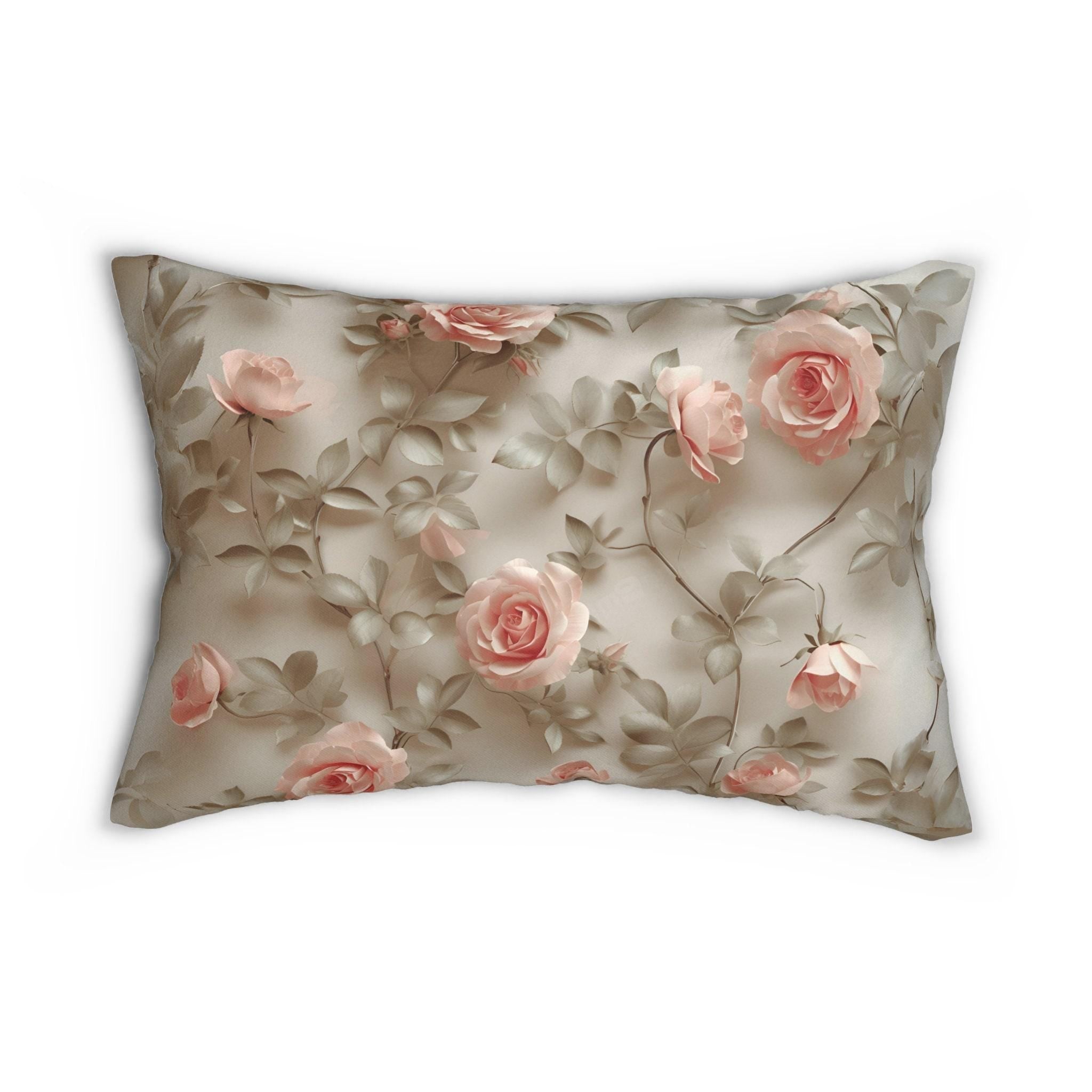 Vintage-Inspired Blush Pink Roses Lumbar Pillow - Classic Botanical Cushion for Elegant Home Decor