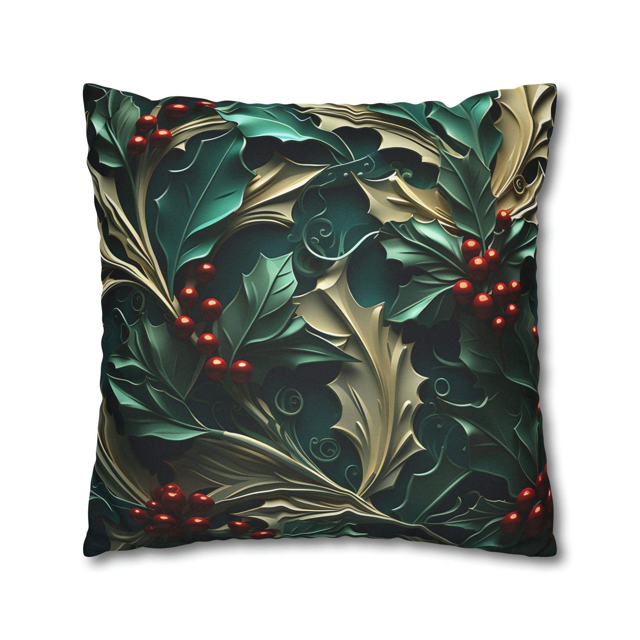 Holly Berry Christmas Pillow Cover: Deep Green & Red Holiday Decor