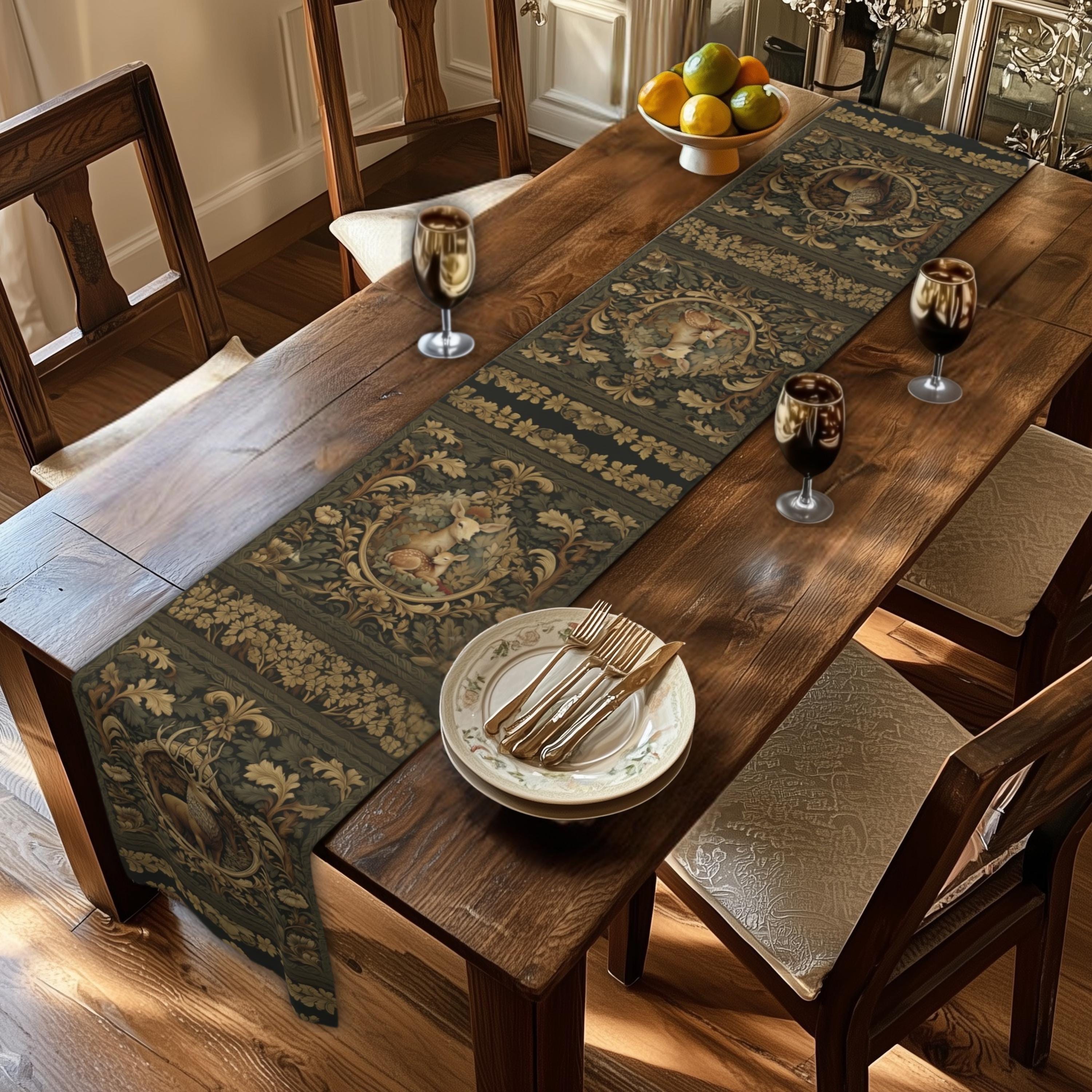 William Morris Inspired Noble Stag Table Runner: with Doe and Fawn Woodland Design