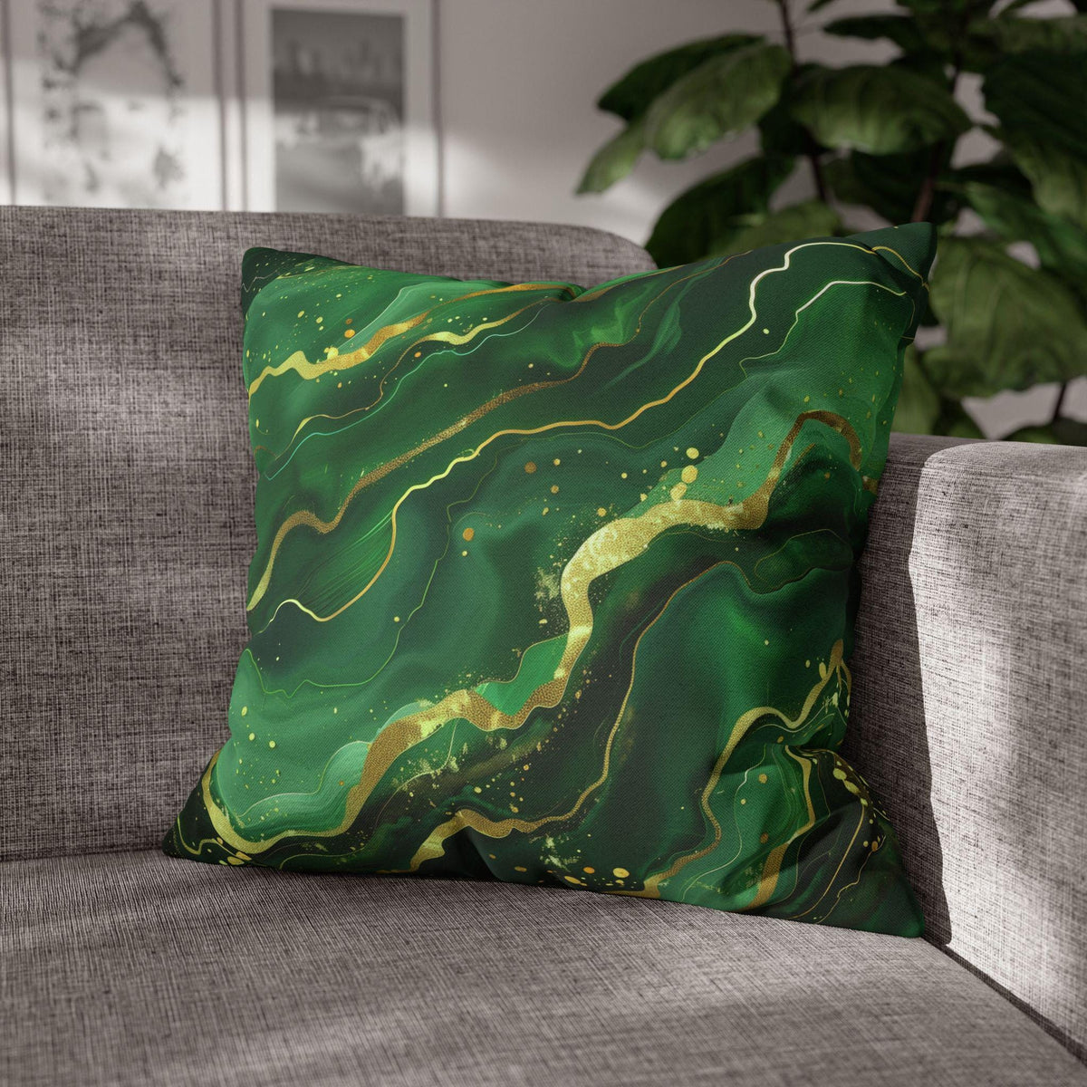 Green Waves Throw Pillow Cover: Emerald  and Deep Green with Gold Accents