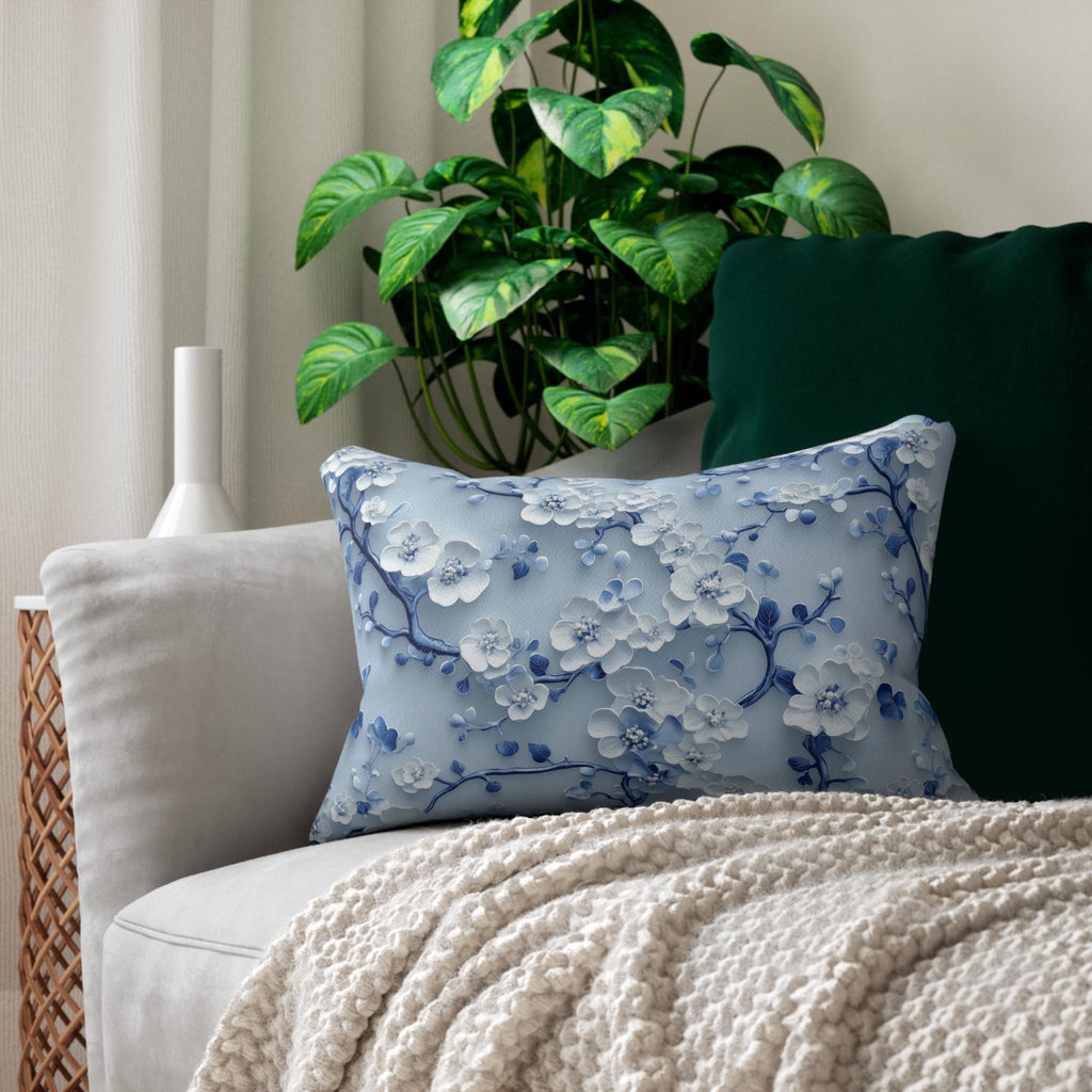 Chinoiserie Lumbar Pillow | Blue & White Cherry Blossoms | Elegant Floral Design