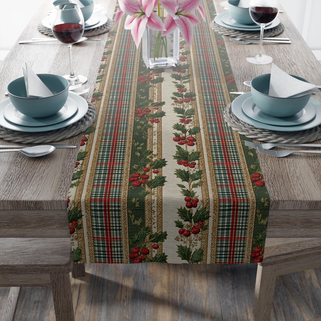 Vintage Inspired Christmas Table Runner: Plaid, Holly, Berry Red (16" x 72"),(16"x90")