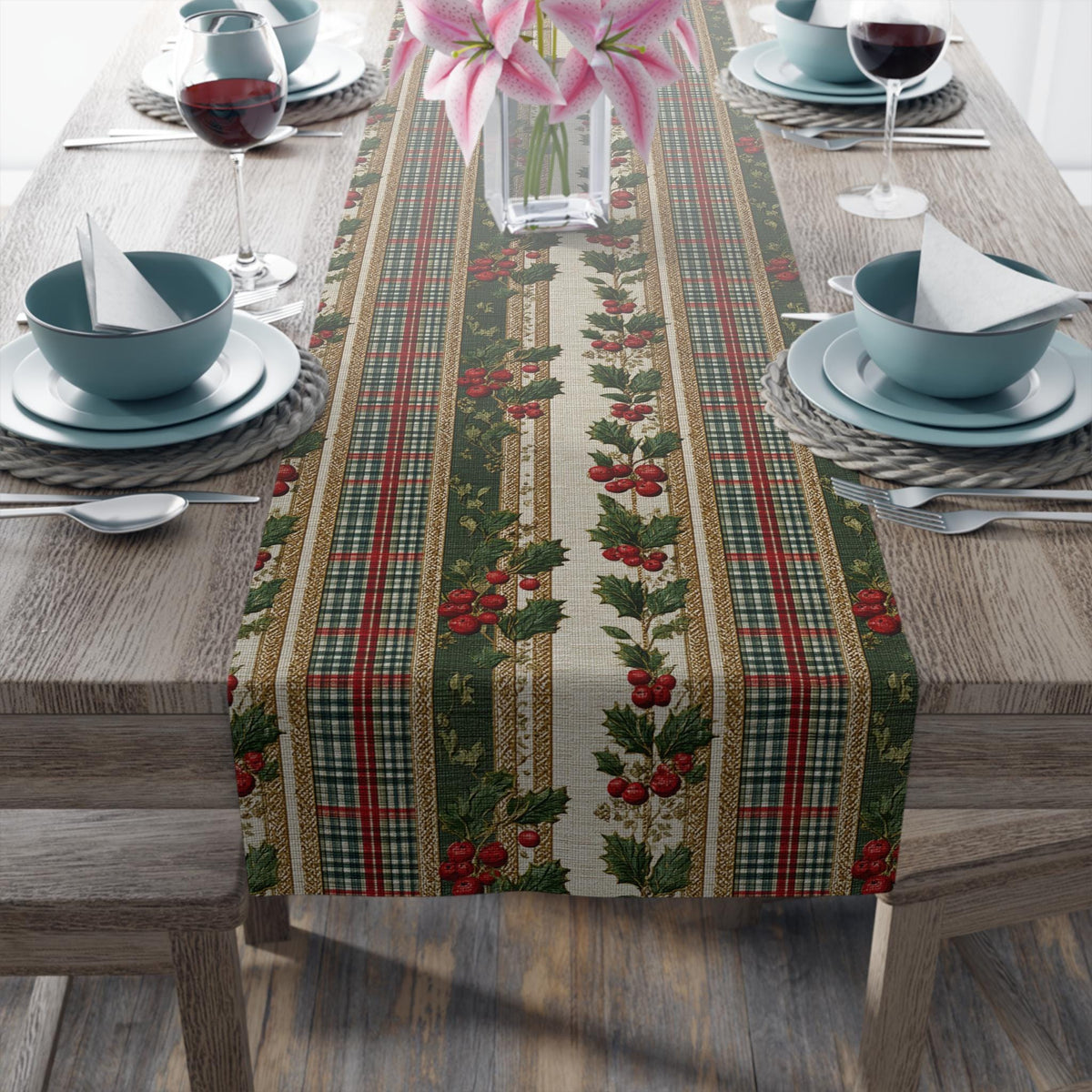 Vintage Inspired Christmas Table Runner: Plaid, Holly, Berry Red (16" x 72"),(16"x90")