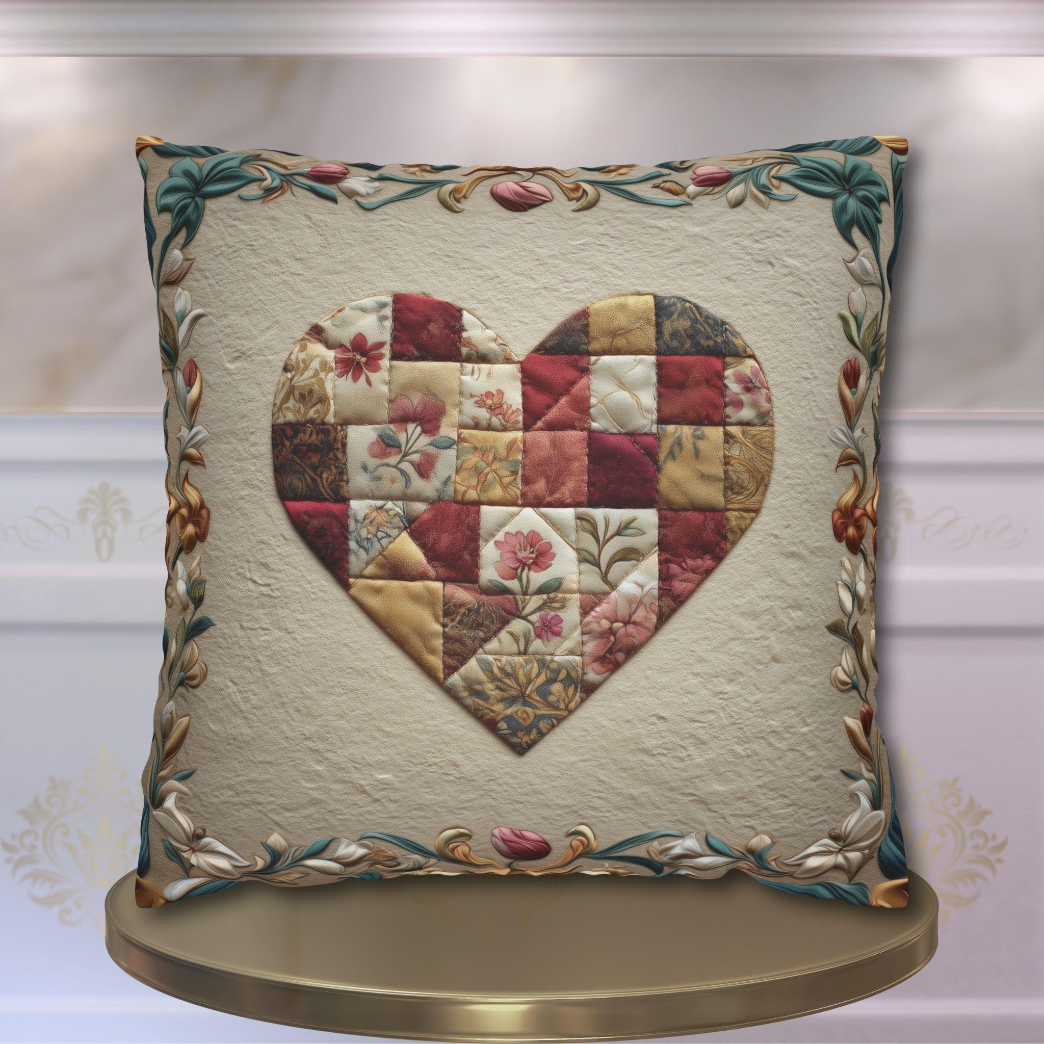 William Morris Inspired Quilted Heart Pillow Cover: Patchwork Look with Vintage Style Florals