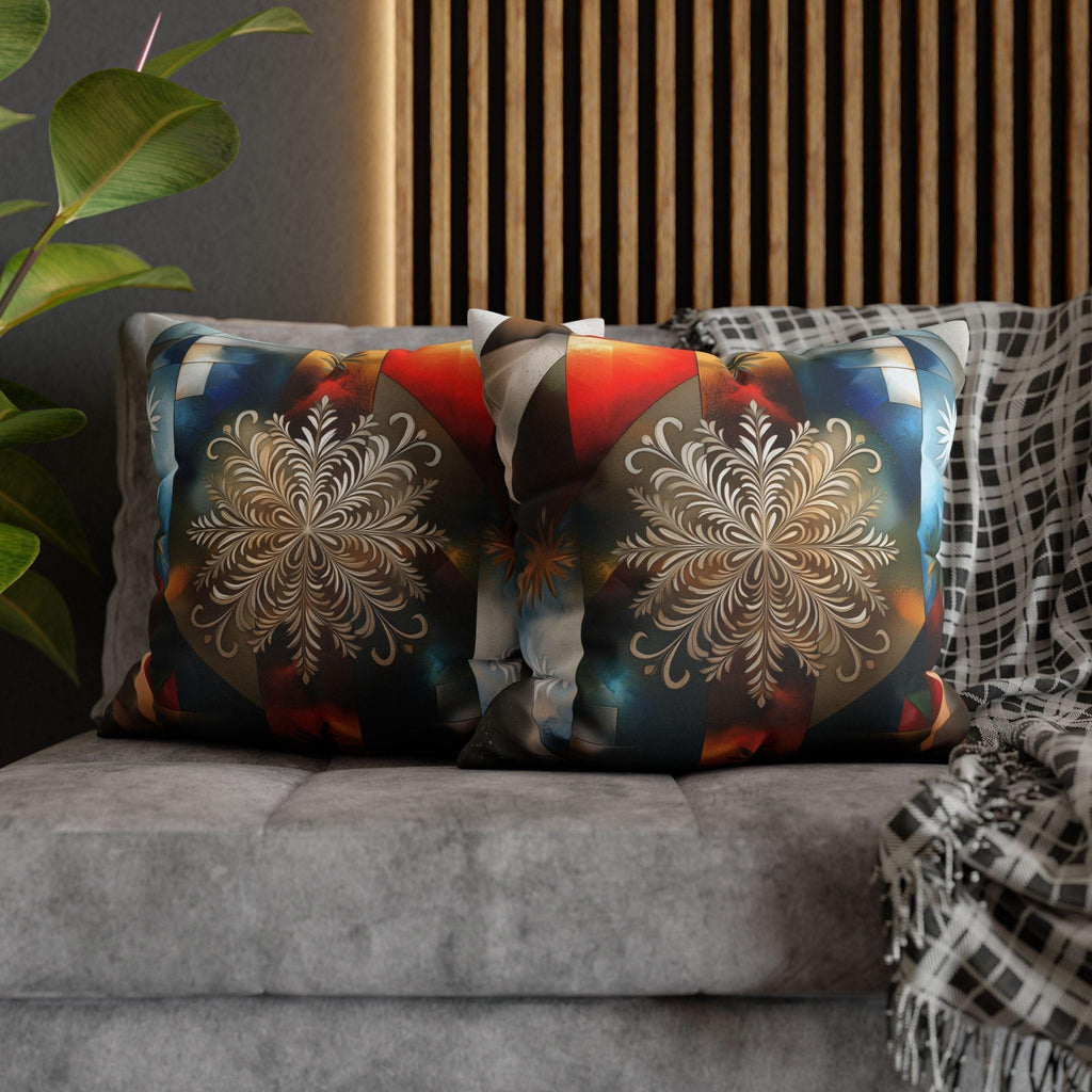 Snowflake Patriotic Square Pillowcase, Christmas Seasonal Throw Pillow Cover, Red White Blue Holiday Decor