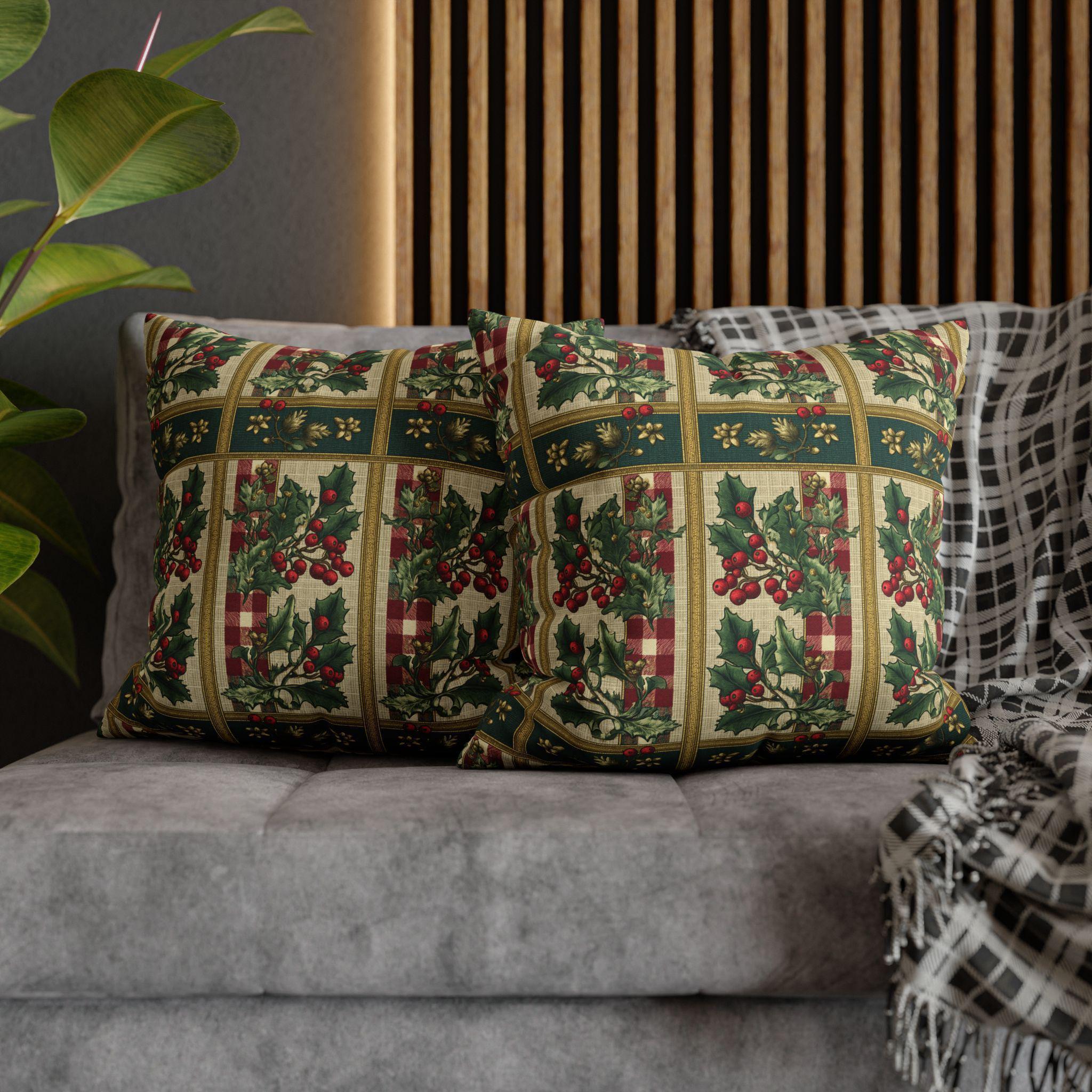 Gingham & Holly Christmas Pillow Cover:  Classic Vintage Holiday Style with Stripes
