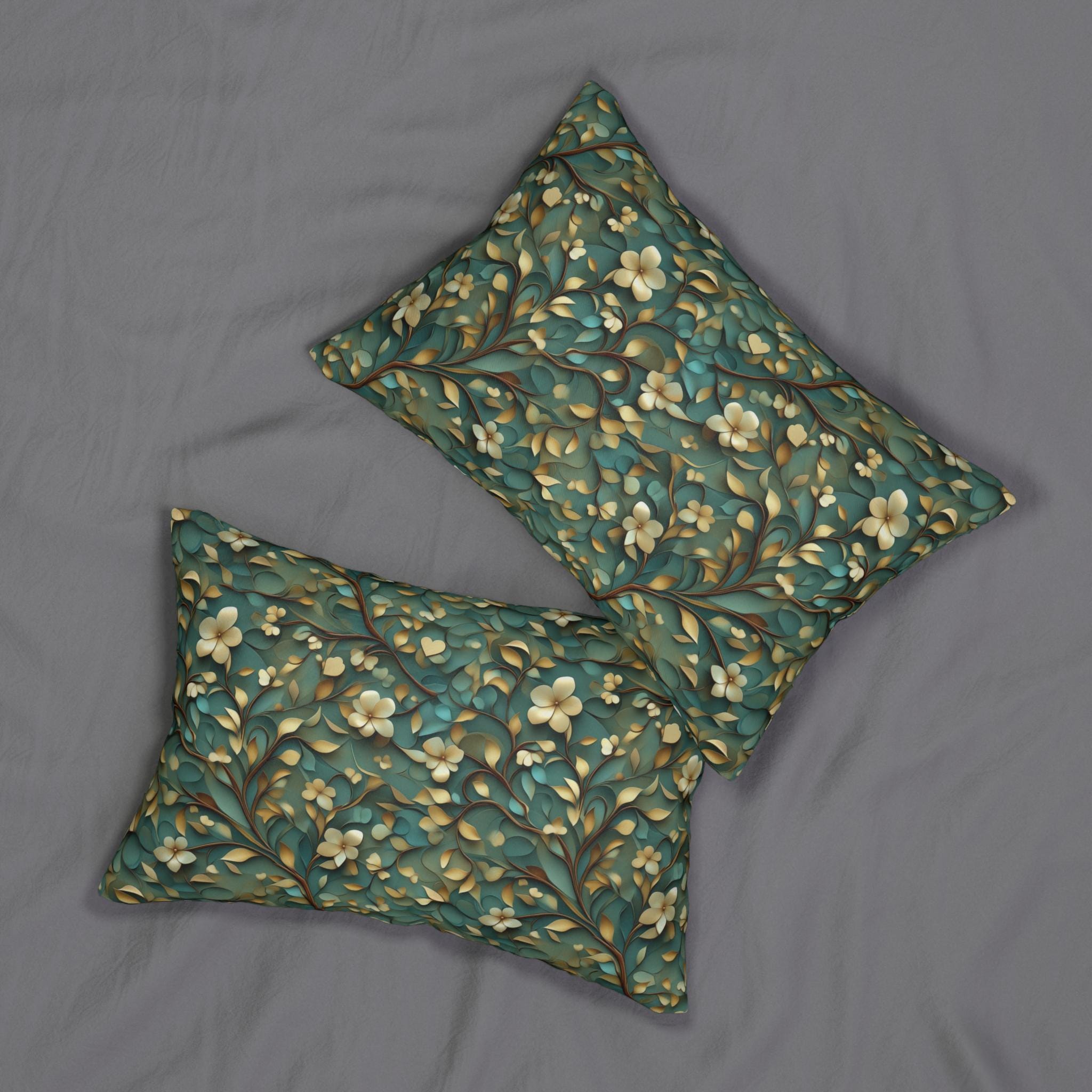 Luxurious William Morris Inspired Floral Lumbar Pillow: Green & Gold Botanical Design