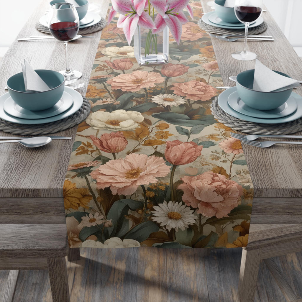 William Morris Inspired Botanical Table Runner: Dusty Rose, Sage, Ochre Autumn Accent