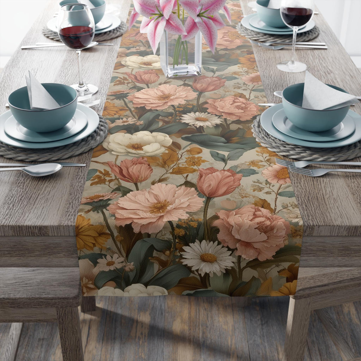 William Morris Inspired Botanical Table Runner: Dusty Rose, Sage, Ochre Autumn Accent