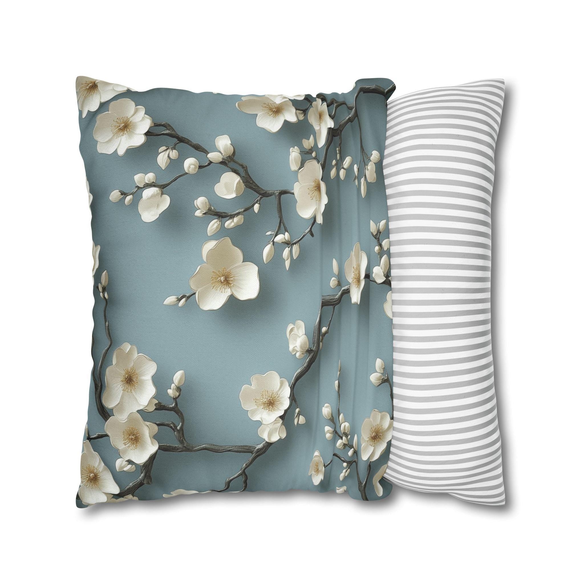 Elegant Chinoiserie Pillowcase: Blue-Teal Gradient Cherry Blossom Design for Home Decor