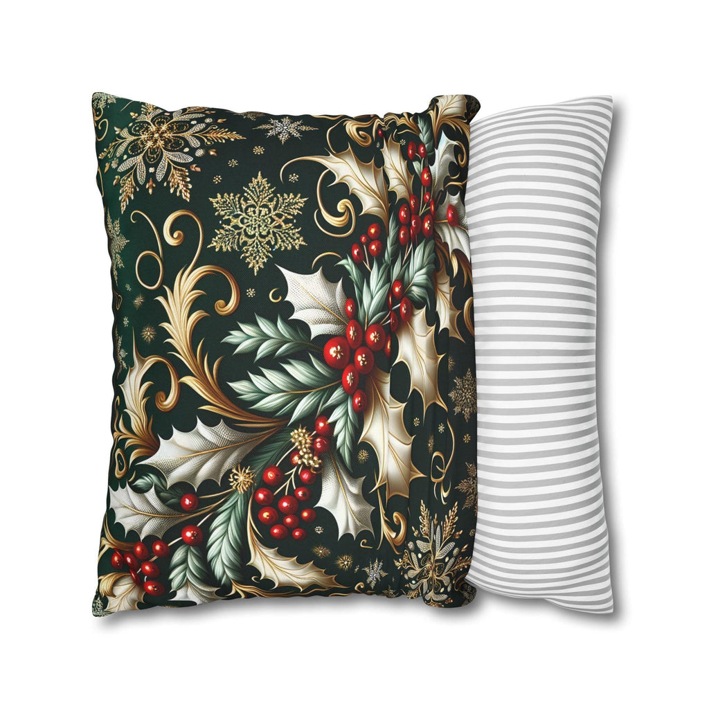 Elegant Emerald Pillow Cover: Golden Holly & Silver Snowflakes for Festive Holiday Decor