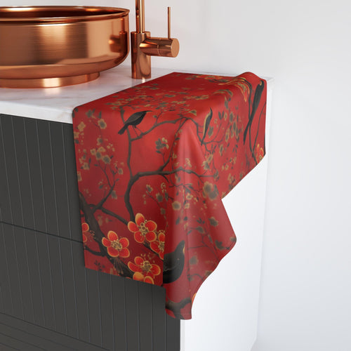 Chinoiserie Hand Towel: Red Floral Bird Art, Asian Decor