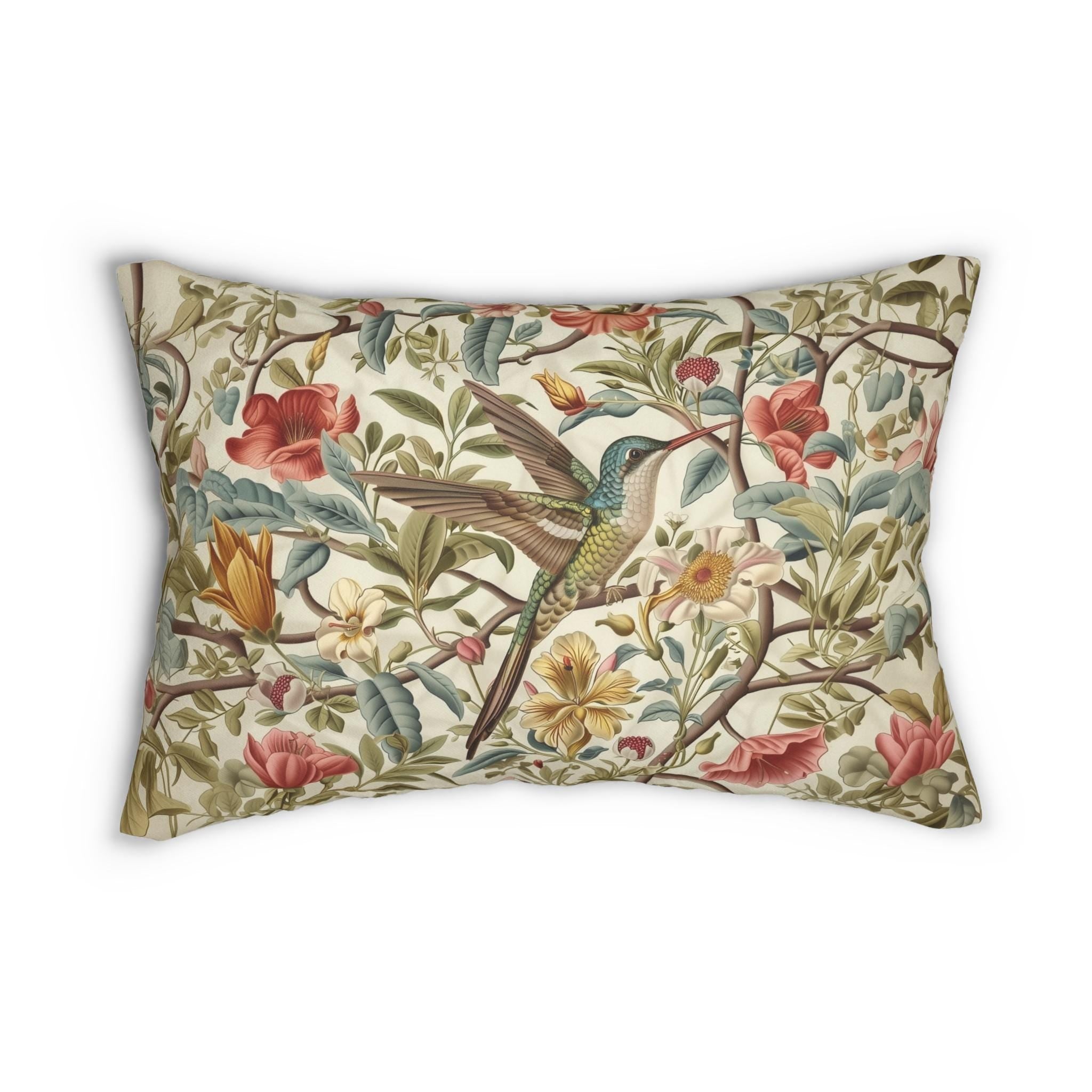 William Morris Hummingbird Floral Lumbar Pillow:  Botanical Cushion, Vintage Style Home Decor Accent
