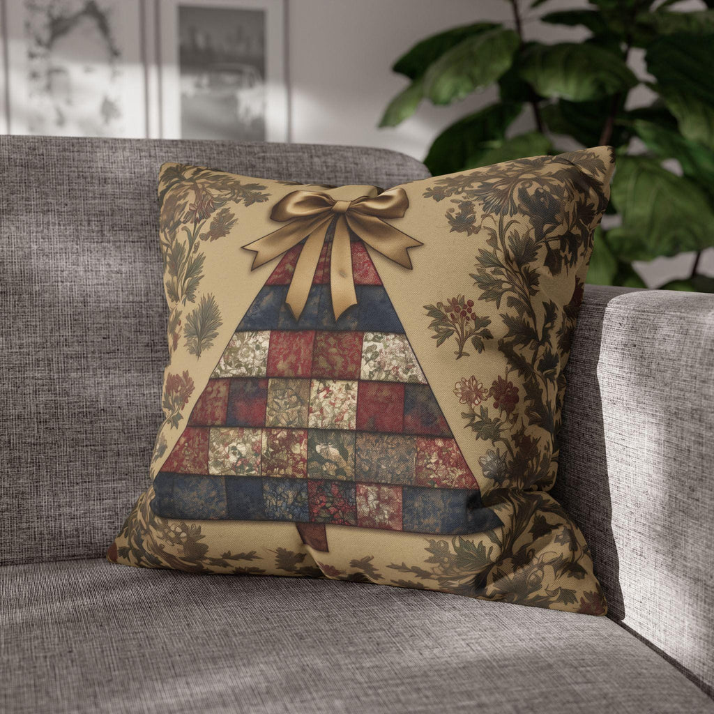 William Morris Christmas Tree Pillow Cover: Quilted Look Navy, Red & Gold Botanicals