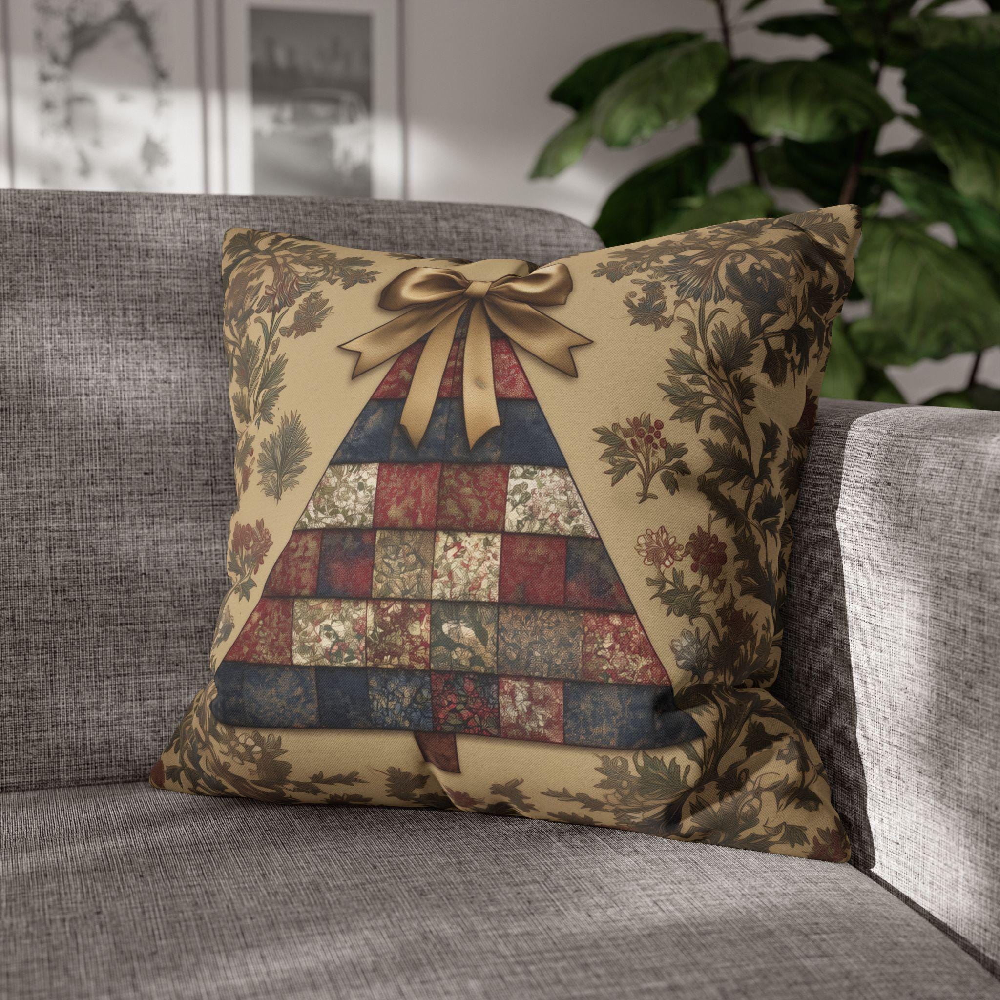 William Morris Christmas Tree Pillow Cover: Quilted Look Navy, Red & Gold Botanicals