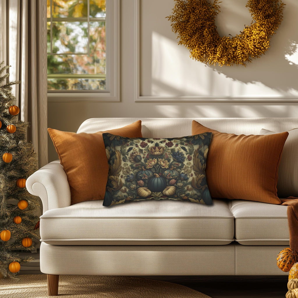 William Morris Inspired Autumn Lumbar Pillow: Blue Gold & Ivory Botanical Harvest Design