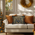 William Morris Inspired Autumn Lumbar Pillow: Blue Gold & Ivory Botanical Harvest Design