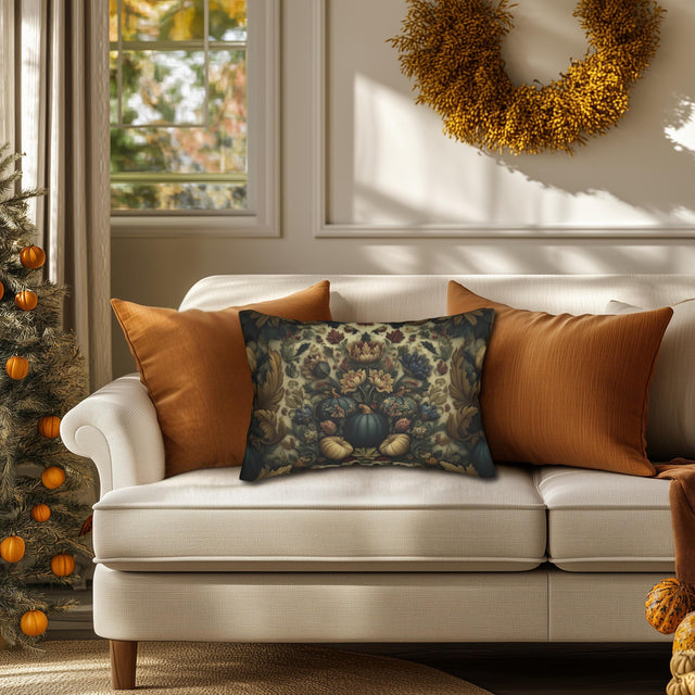 William Morris Inspired Autumn Lumbar Pillow: Blue Gold & Ivory Botanical Harvest Design