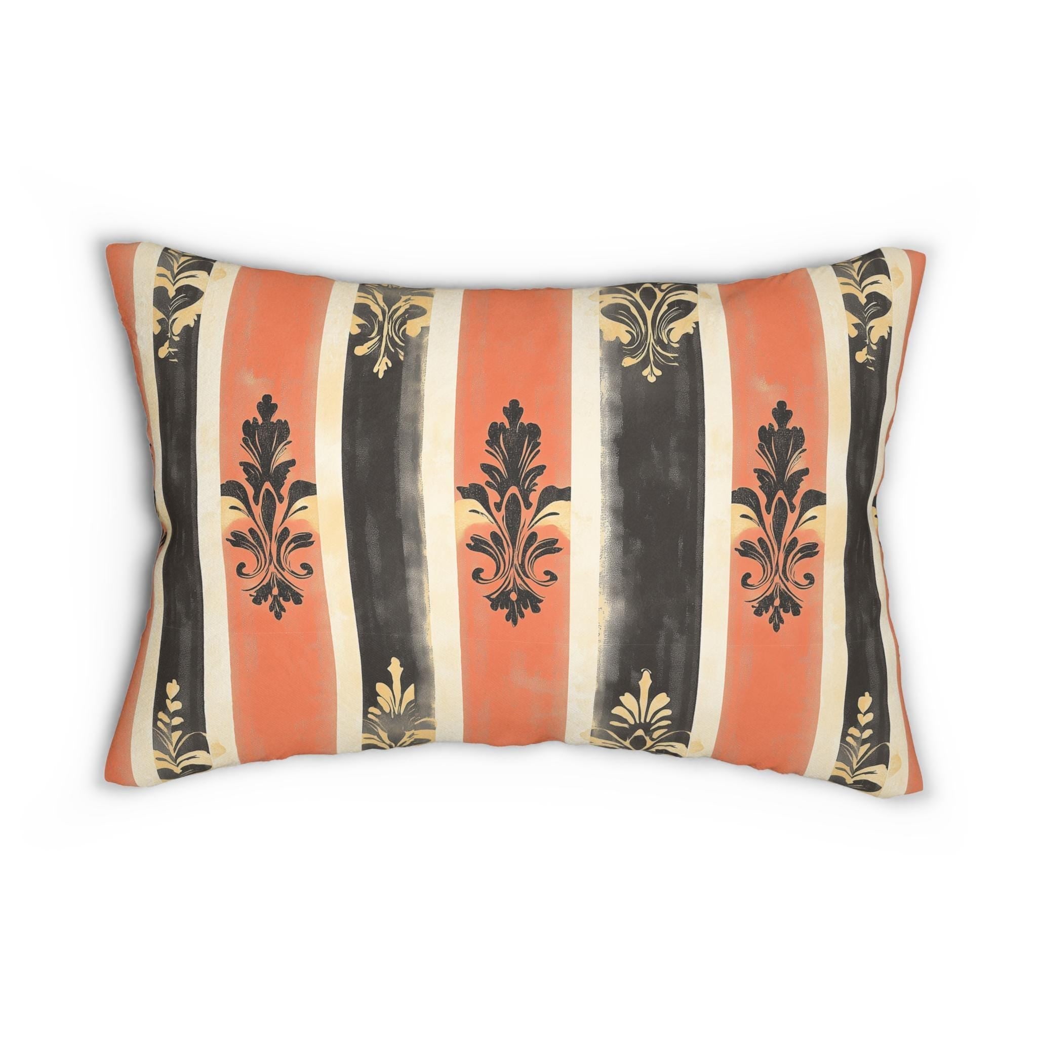 Elegant American Farmhouse Lumbar Pillow: Patriotic Stripes with Gold Damask Floral Motifs