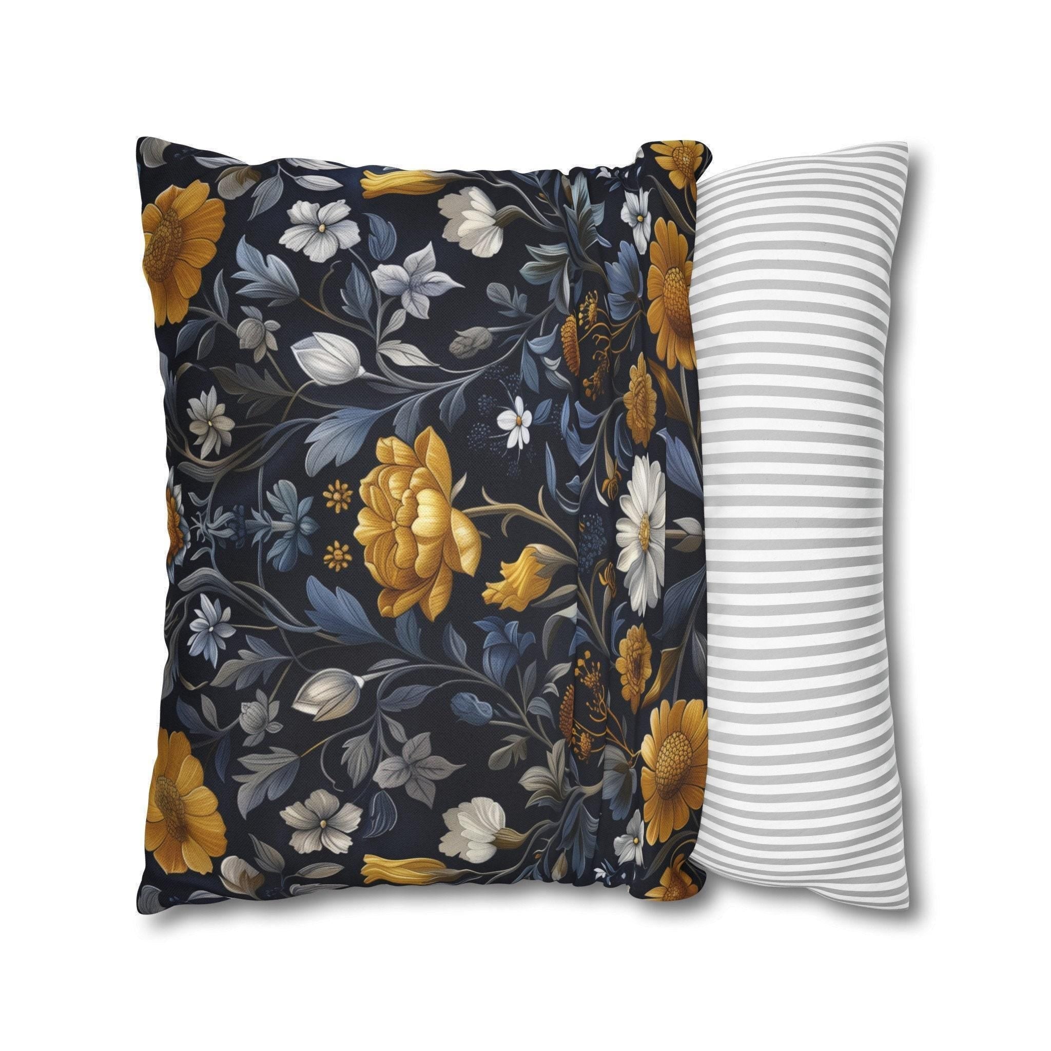 Elegant William Morris Inspired Floral Pillow Cover: Dark Background with Daisies, Tulips & Chrysanthemums