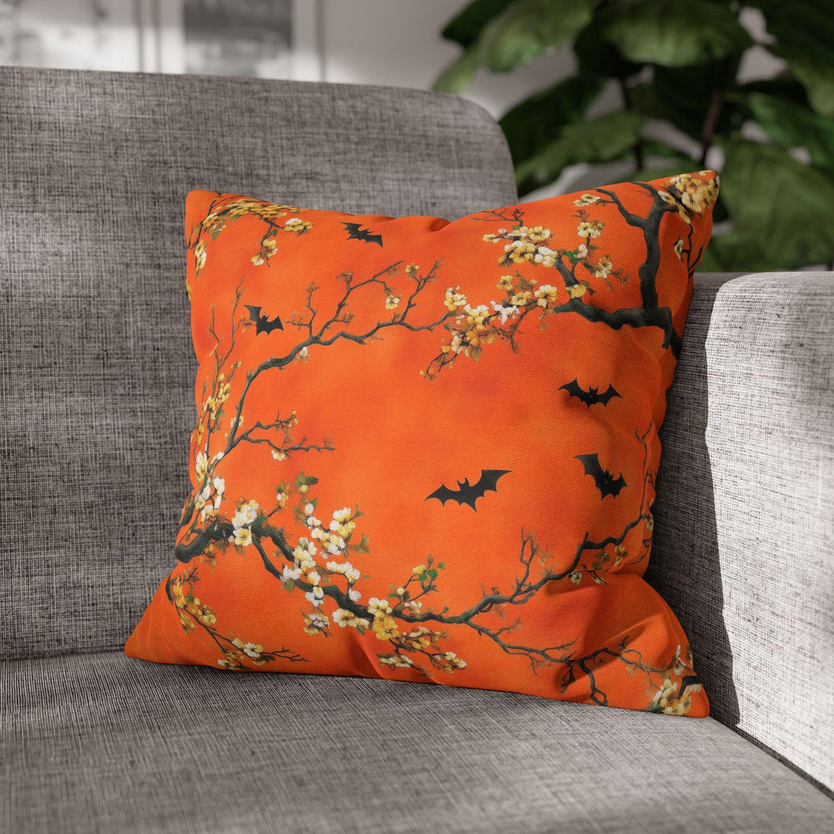 Halloween Chinoiserie Pillow Cover: Bright Orange Five Bats Decor