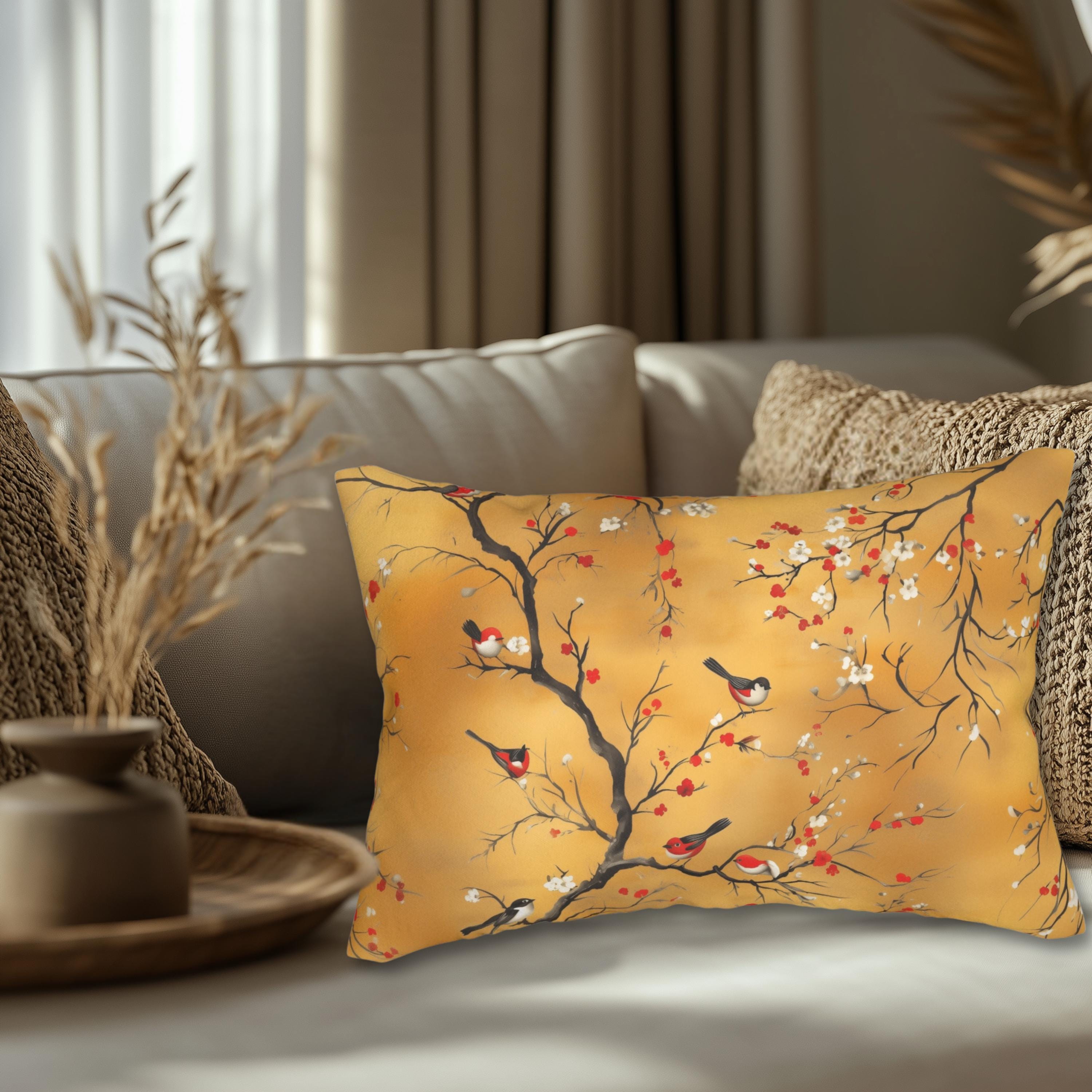 Chinoiserie Lumbar Pillow: Red Blossoms & Birds on Gold