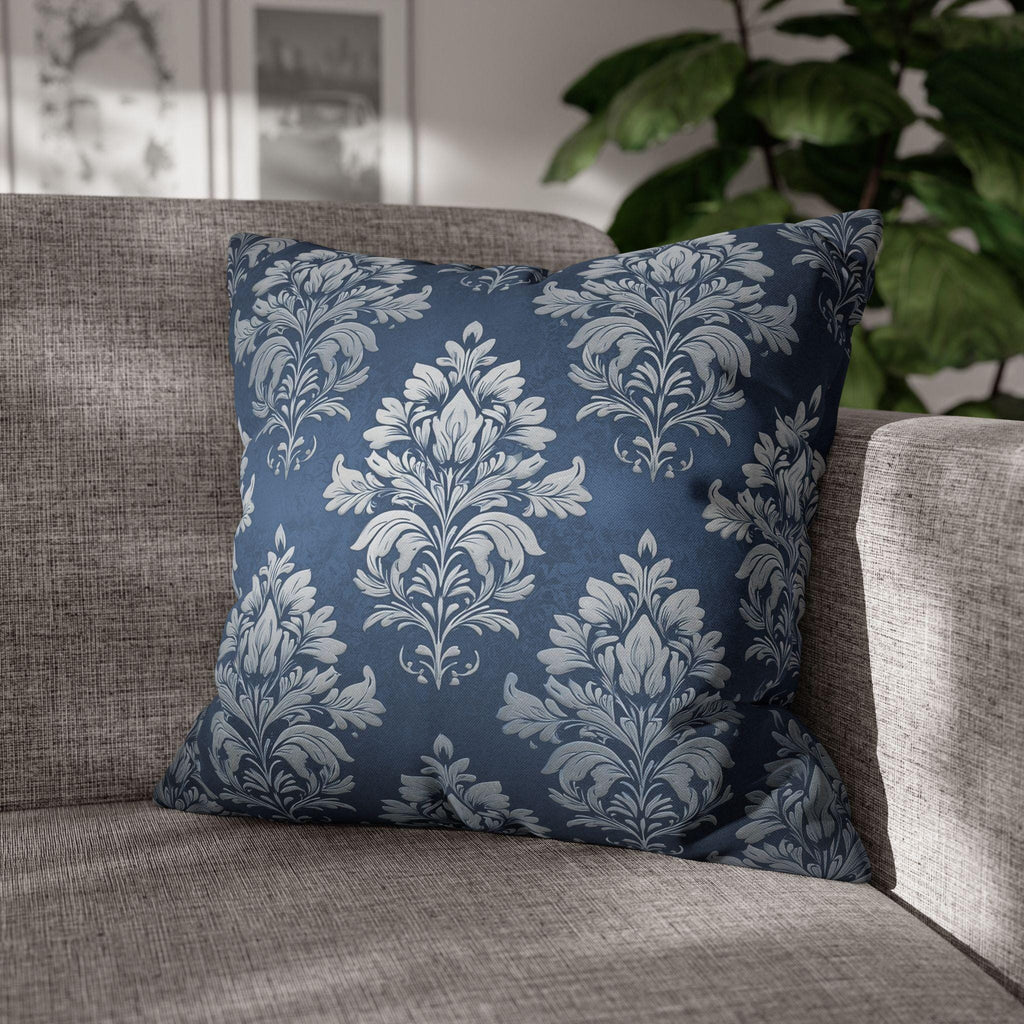 Steel Blue Damask Pillow Cover: Elegant Floral Cushion