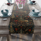 Intricate Christmas Table Runner: William Morris Holiday Botanical Pattern, Dark Red & Gold