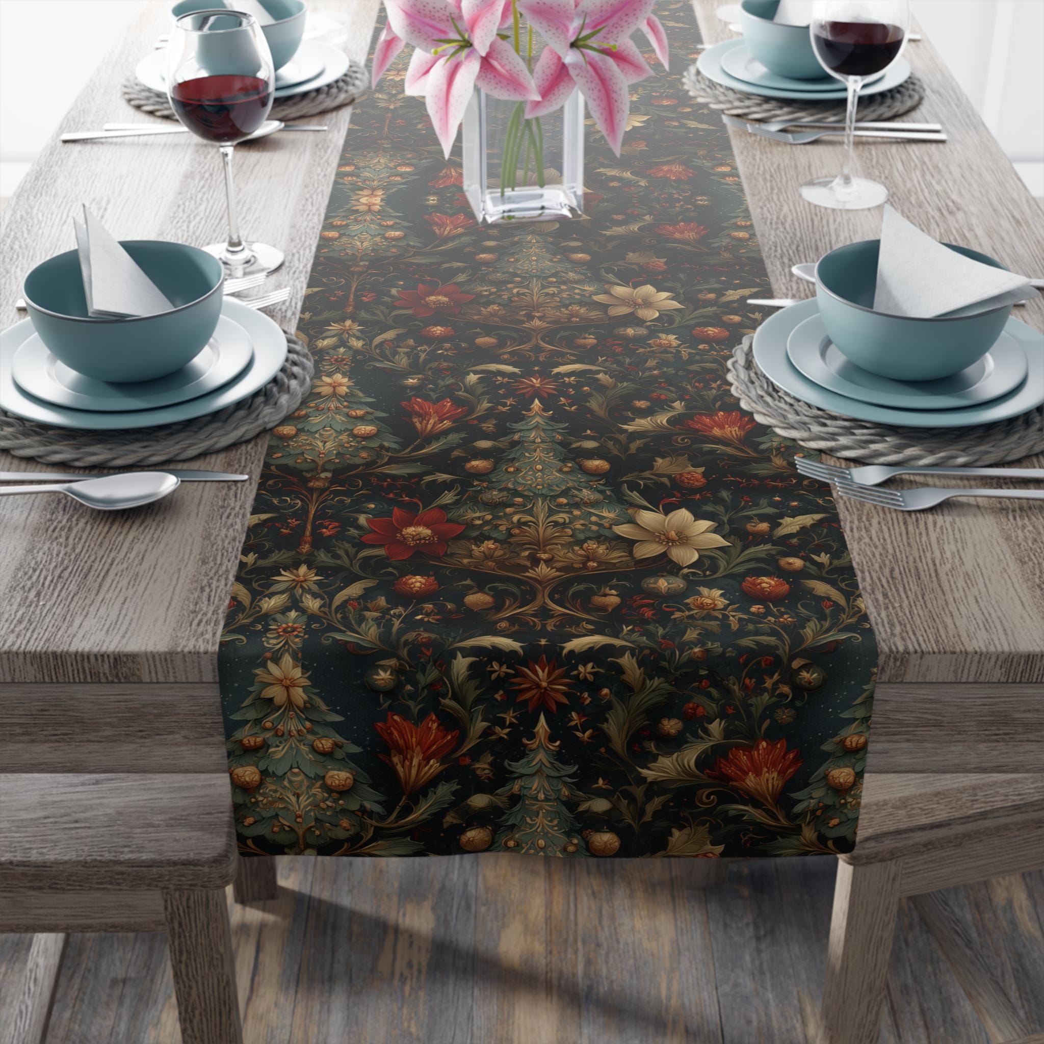 Intricate Christmas Table Runner: William Morris Holiday Botanical Pattern, Dark Red & Gold