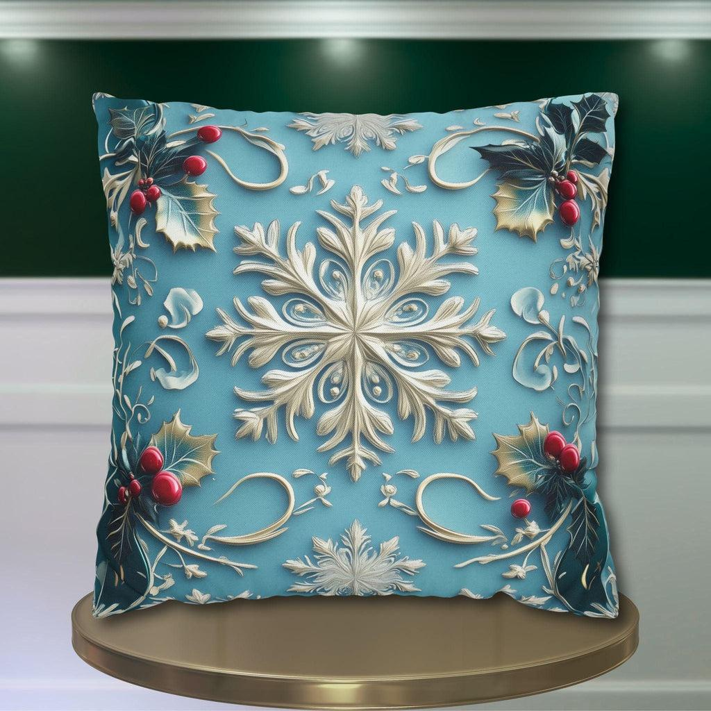 Snowflakes & Blue Christmas Pillow Cover Holly Leaves and Berries Design Gradient Blue Background