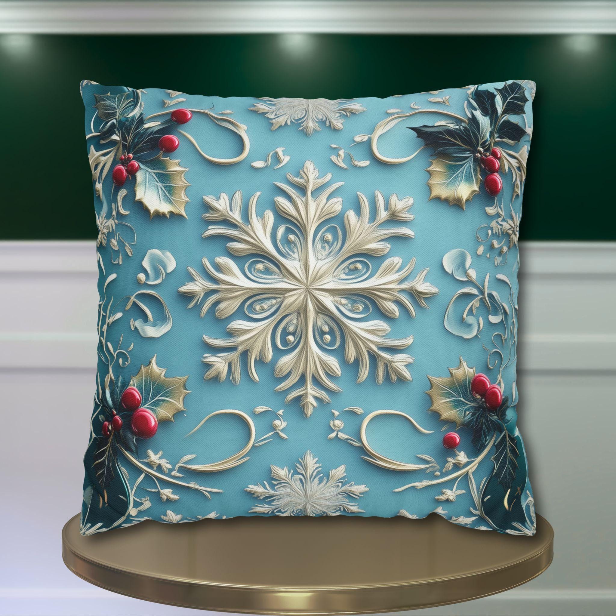 Snowflakes & Blue Christmas Pillow Cover Holly Leaves and Berries Design Gradient Blue Background