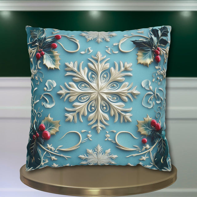 Snowflakes & Blue Christmas Pillow Cover Holly Leaves and Berries Design Gradient Blue Background