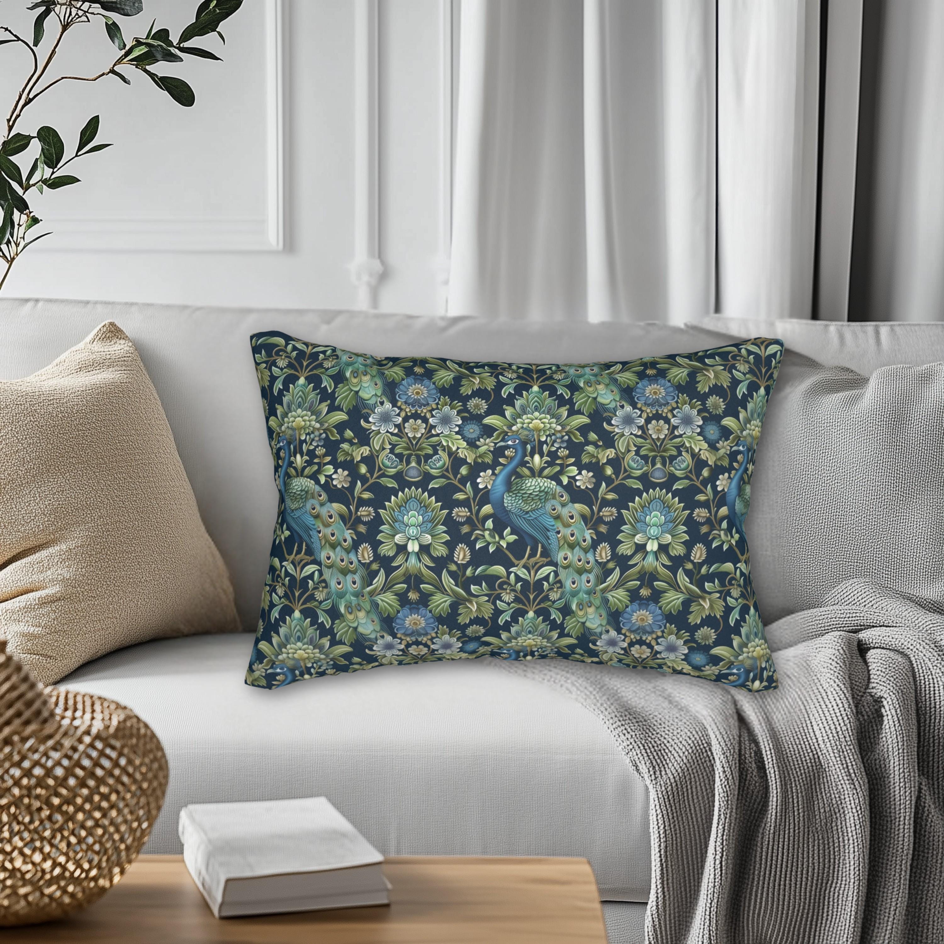 Peacock Lumbar Pillow: Navy Blue, Green, and Cream Floral Design