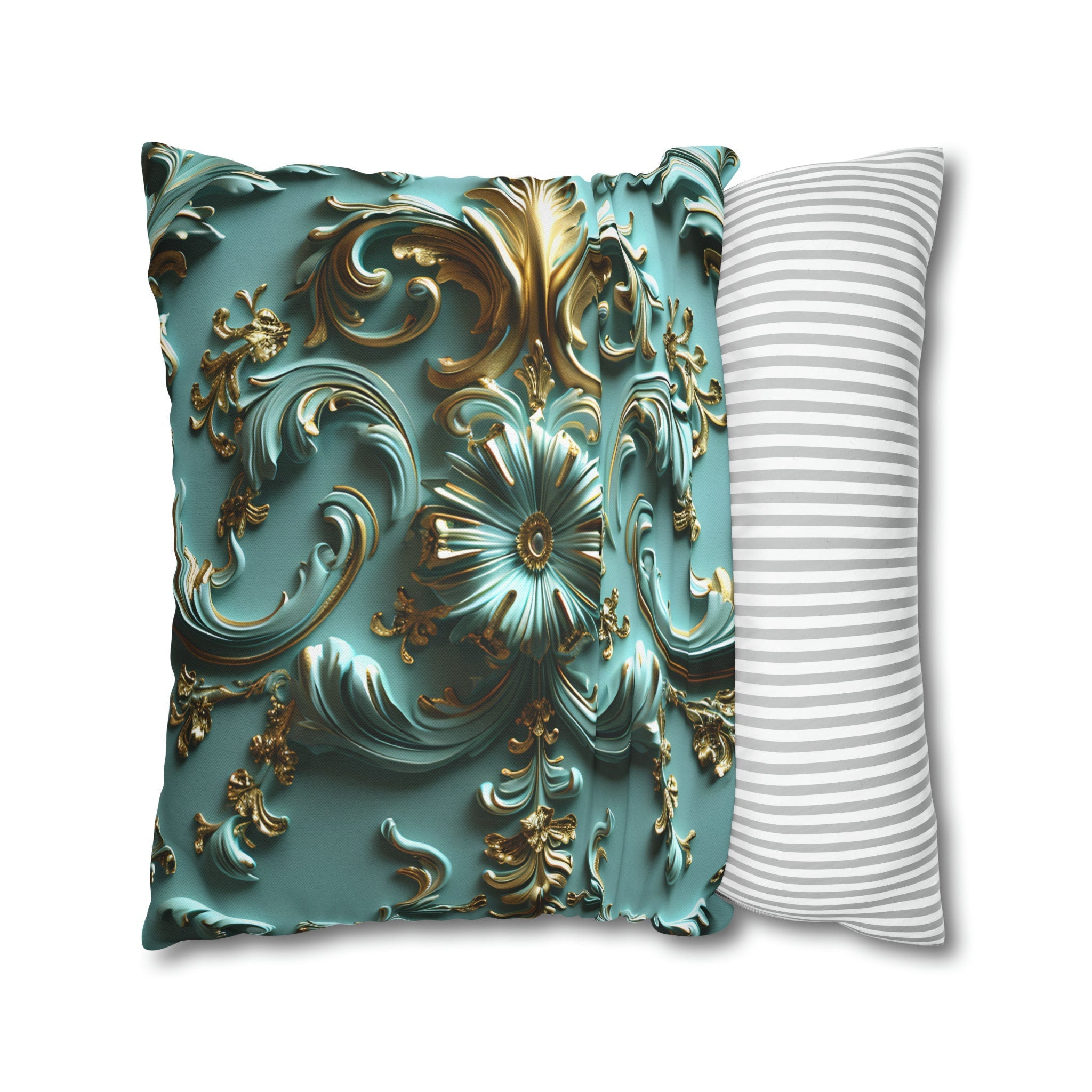 Luxurious Baroque Teal & Gold Floral Throw Pillow Cover | Elegant Scrollwork Design for Dramatic Decor