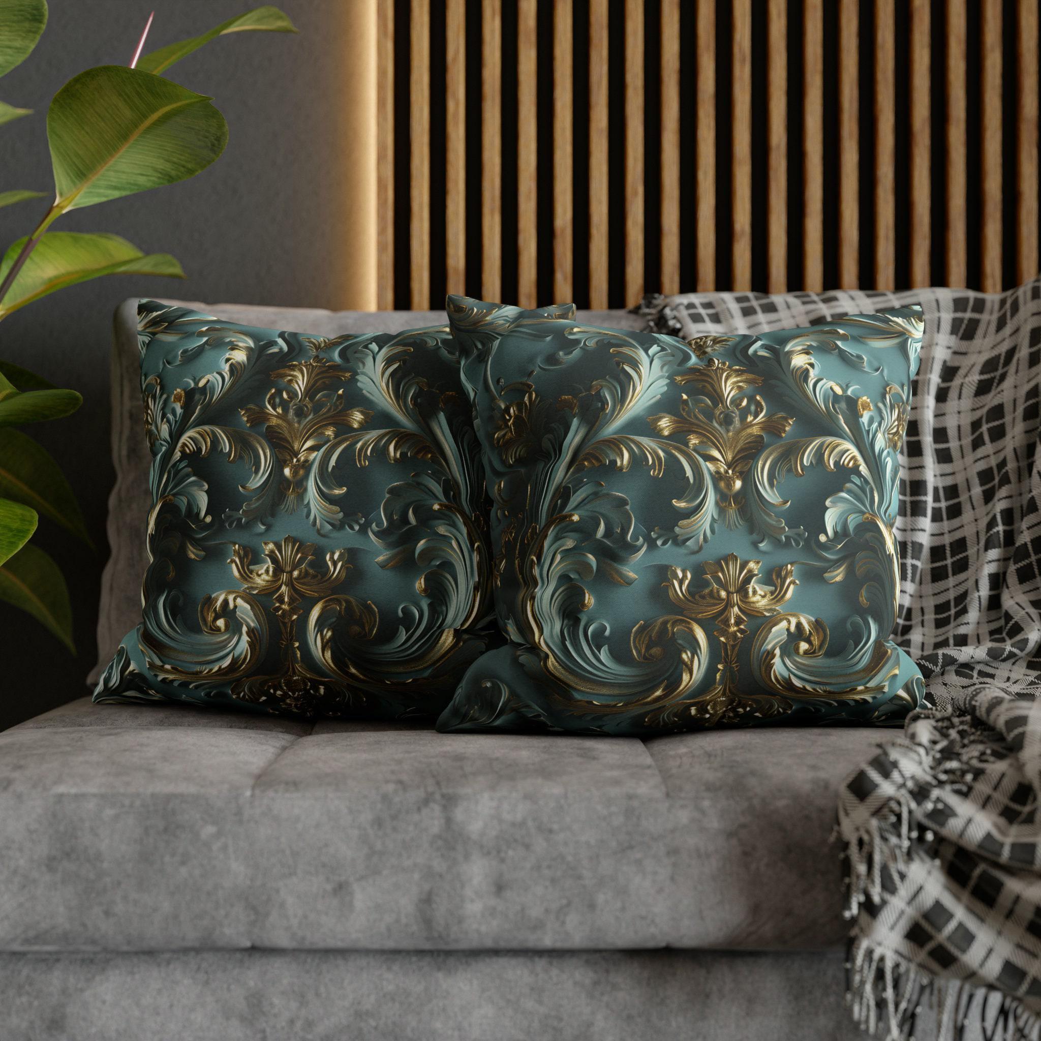 Luxurious Rococo Square Throw Pillow Cover: Teal and Soft Gold Cushion Case