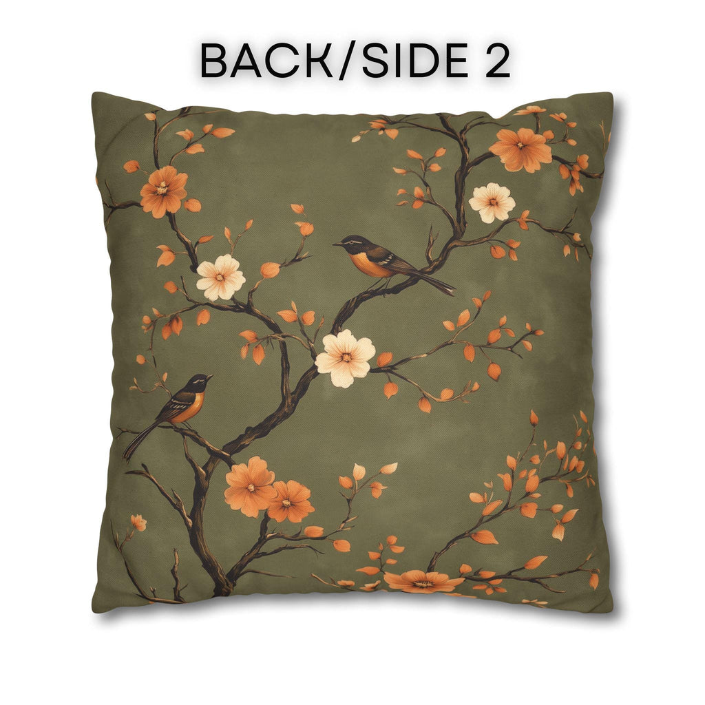 Chinoiserie Bird Pillow Cover: Peach & Brown Floral, Olive Green Accent