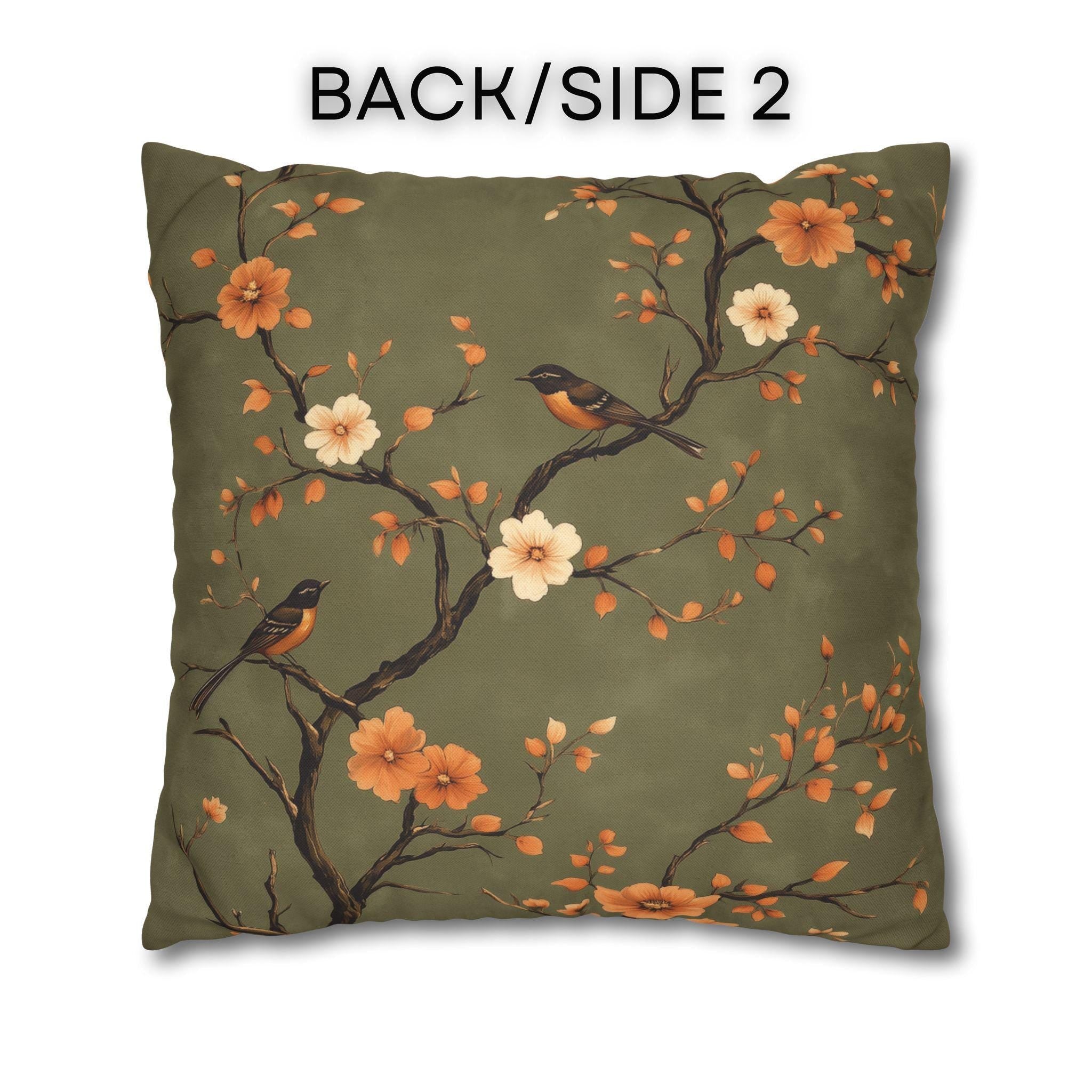 Chinoiserie Bird Pillow Cover: Peach & Brown Floral, Olive Green Accent