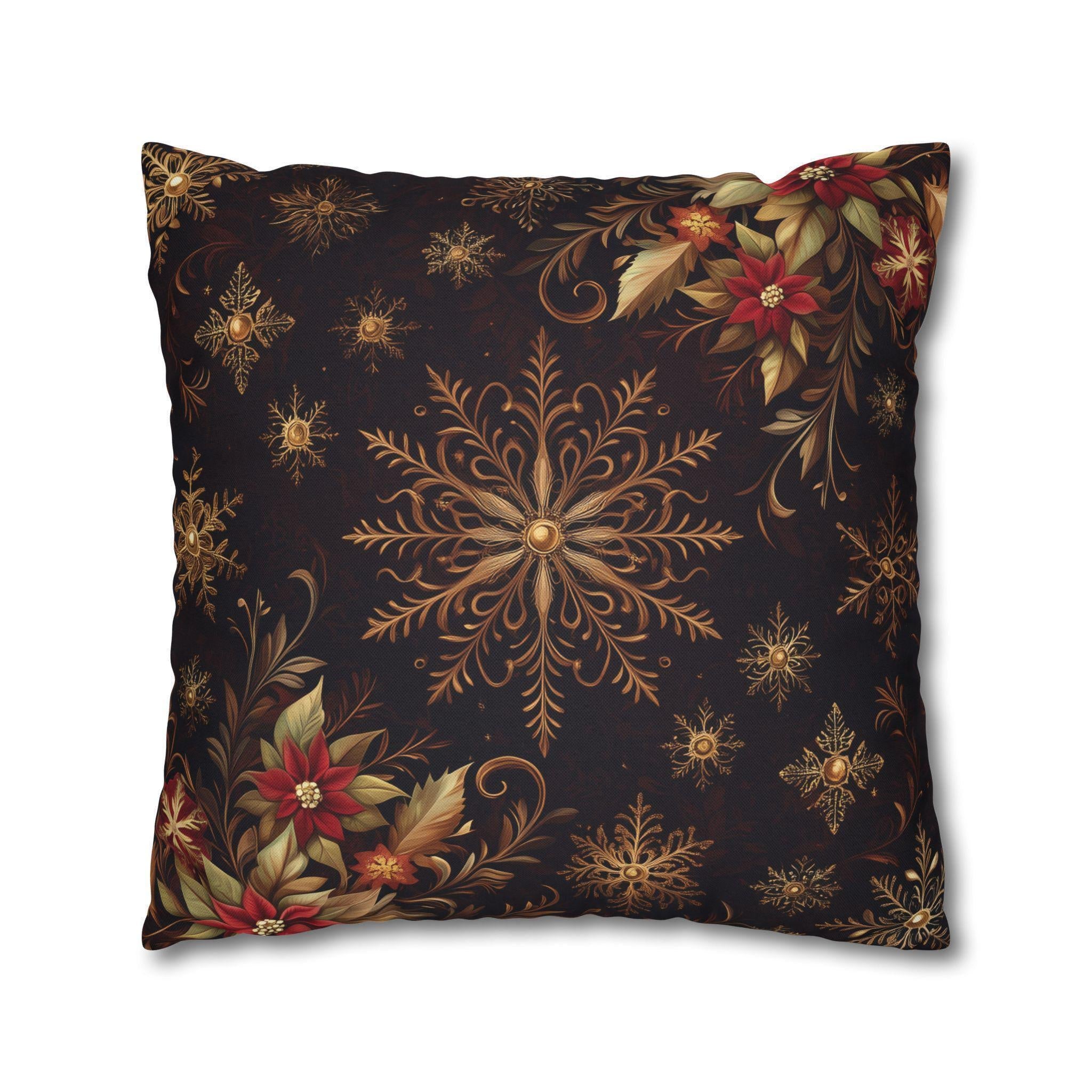 Luxurious Snowflake Poinsettia Pillowcase, Burgundy & Gold Christmas Winter Decor, Elegant Holiday Pillow Cover