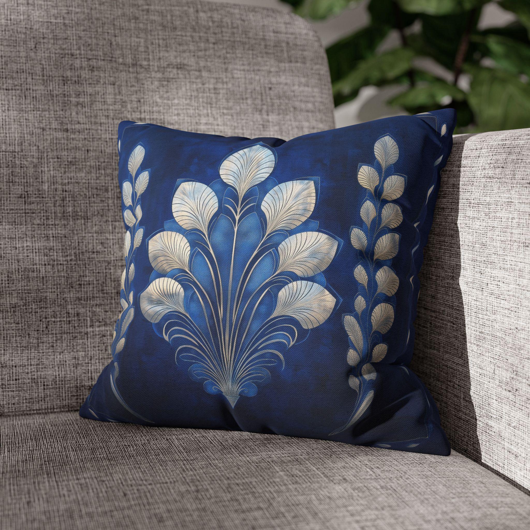 Sapphire Blue Art Deco Pillow Cover: Silver Fan, Hollywood Glam