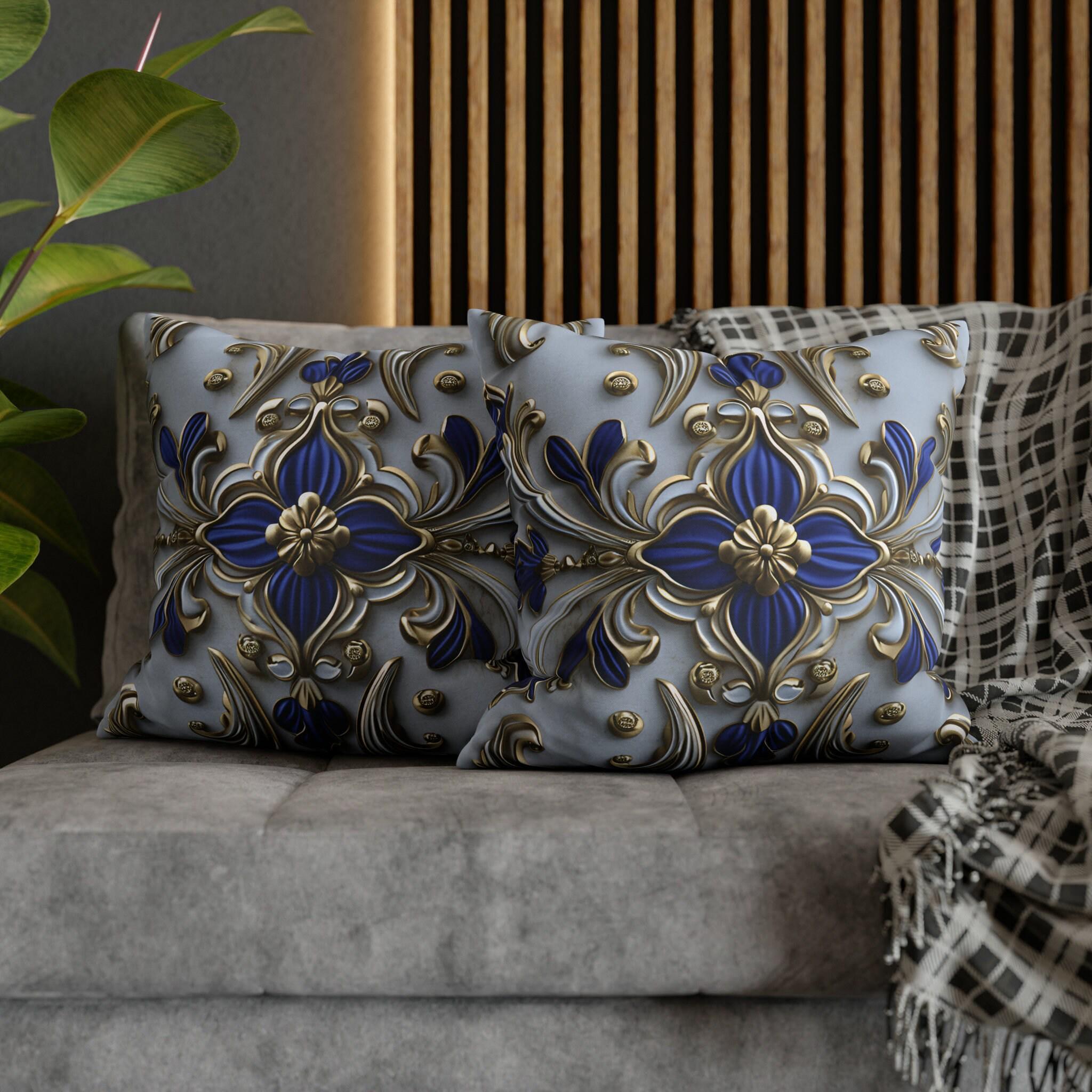 Baroque Floral Throw Pillow Cover: Cobalt Blue & Gold Accent