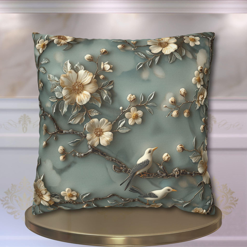 Elegant Chinoiserie Floral Pillow Cover: Cream Blossoms on Dreamy Soft Blue Background
