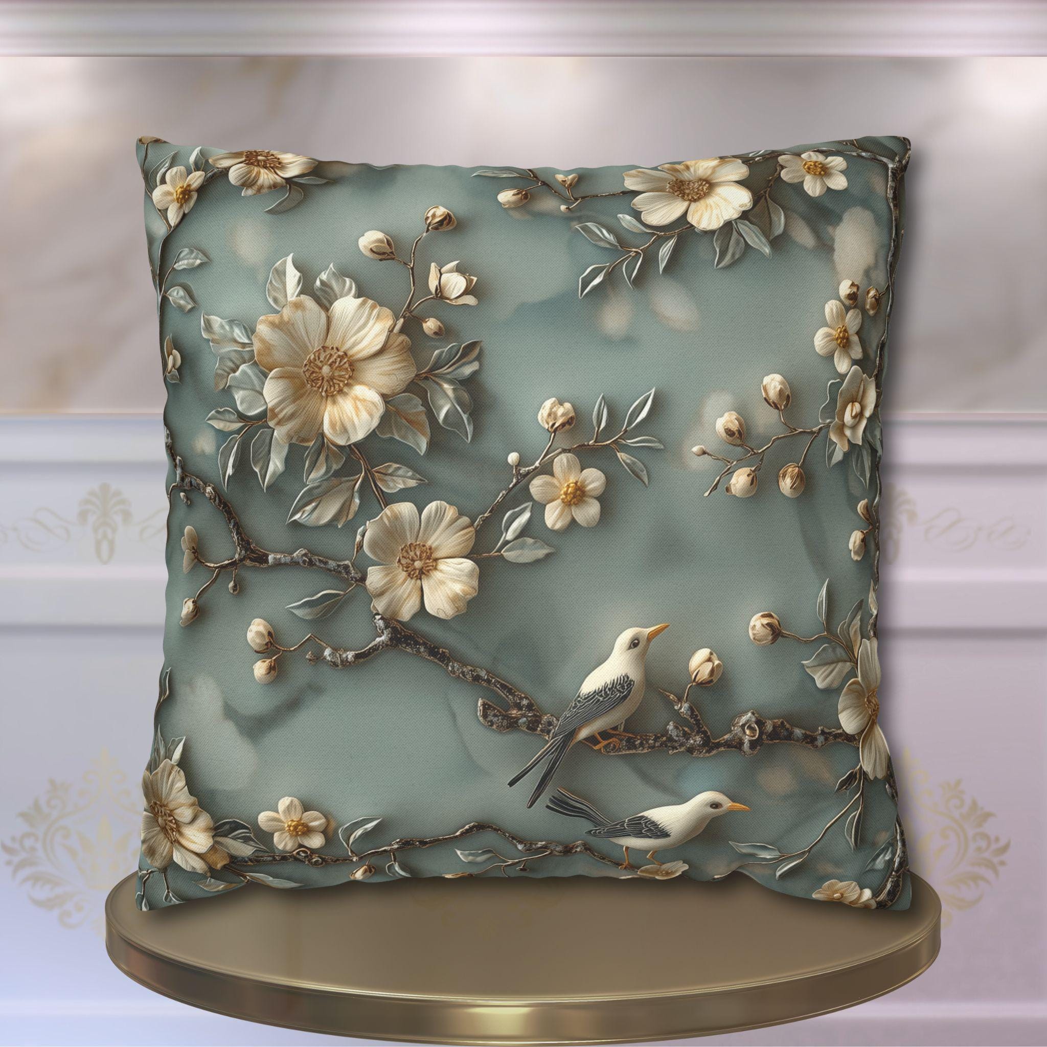 Elegant Chinoiserie Floral Pillow Cover: Cream Blossoms on Dreamy Soft Blue Background