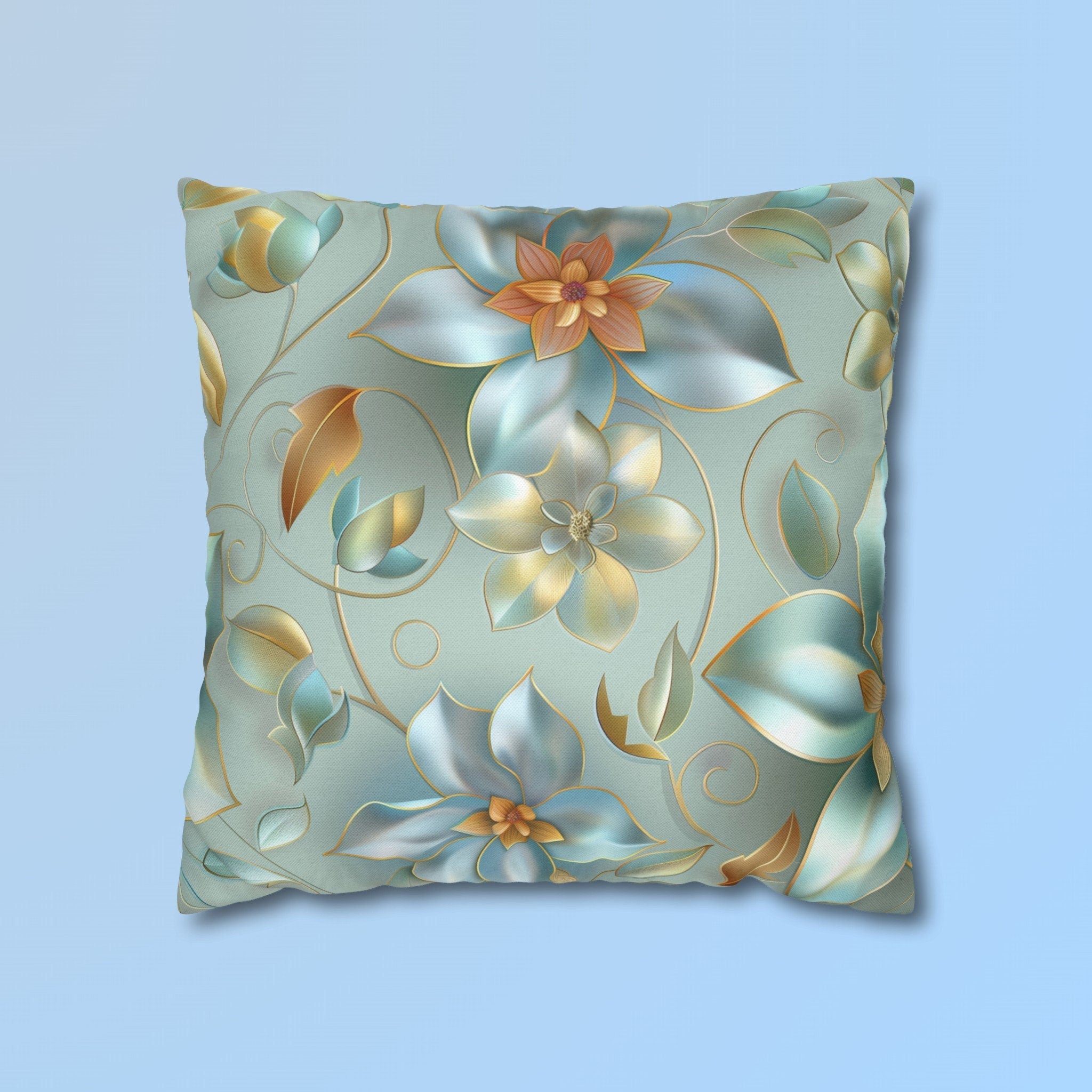 Floral Pillow Cover: Muted Teal Blue, Gold Magnolia Design