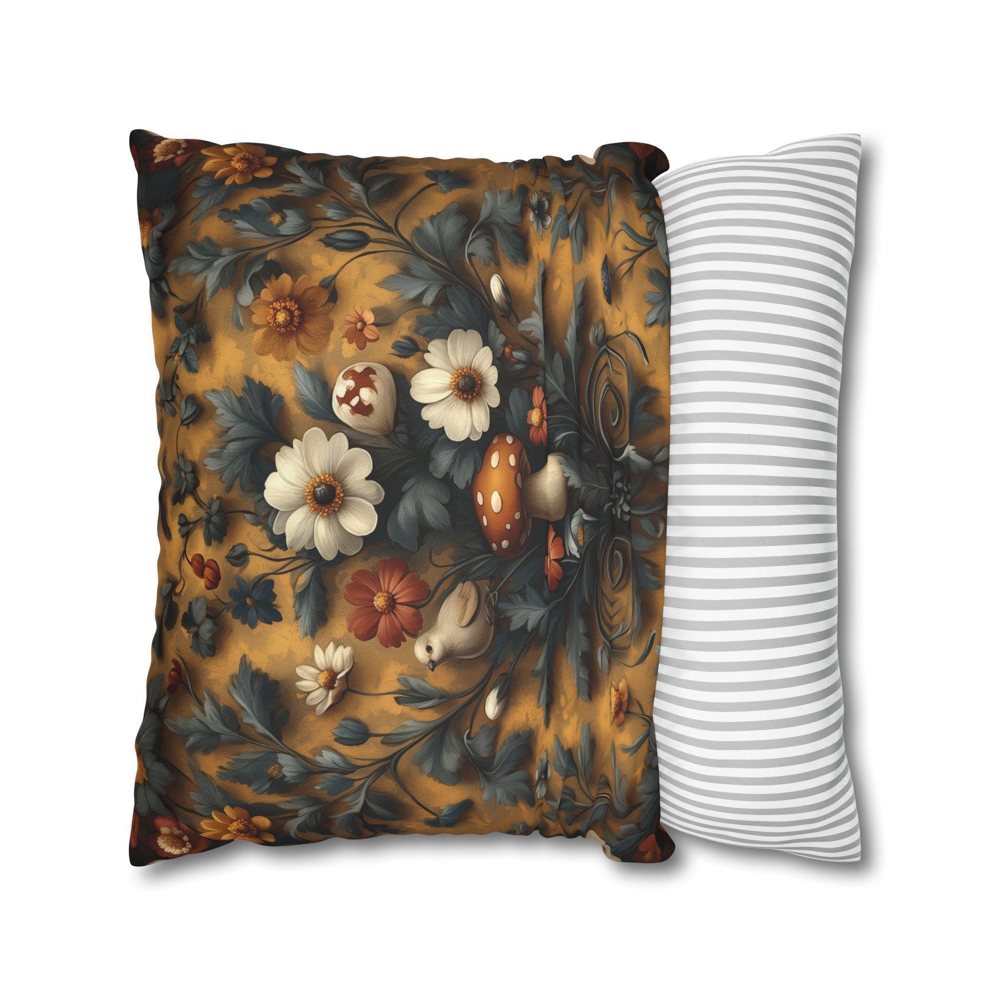 William Morris Inspired Woodland Mushroom Pillow Cover: Autumn Floral Art on Gold Background
