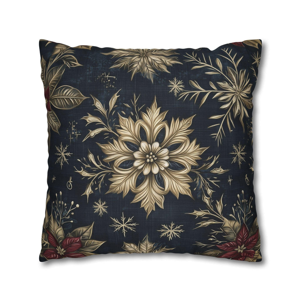Sophisticated Holiday Pillow Cover | Golden Poinsettia and Snowflake Design | Denim Blue Background