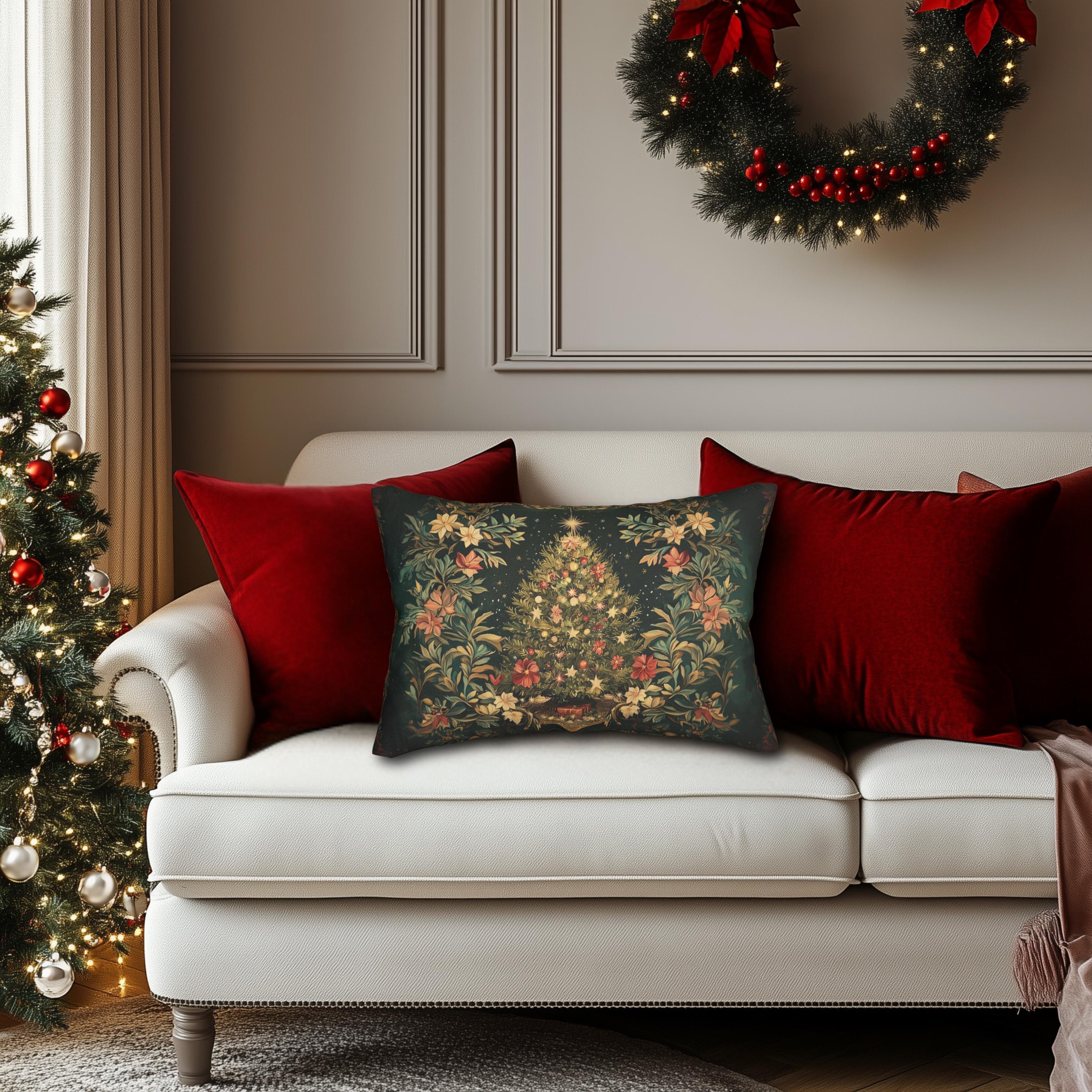 William Morris Inspired Christmas Tree Lumbar Pillow: Elegant Holiday Decor for Living Room